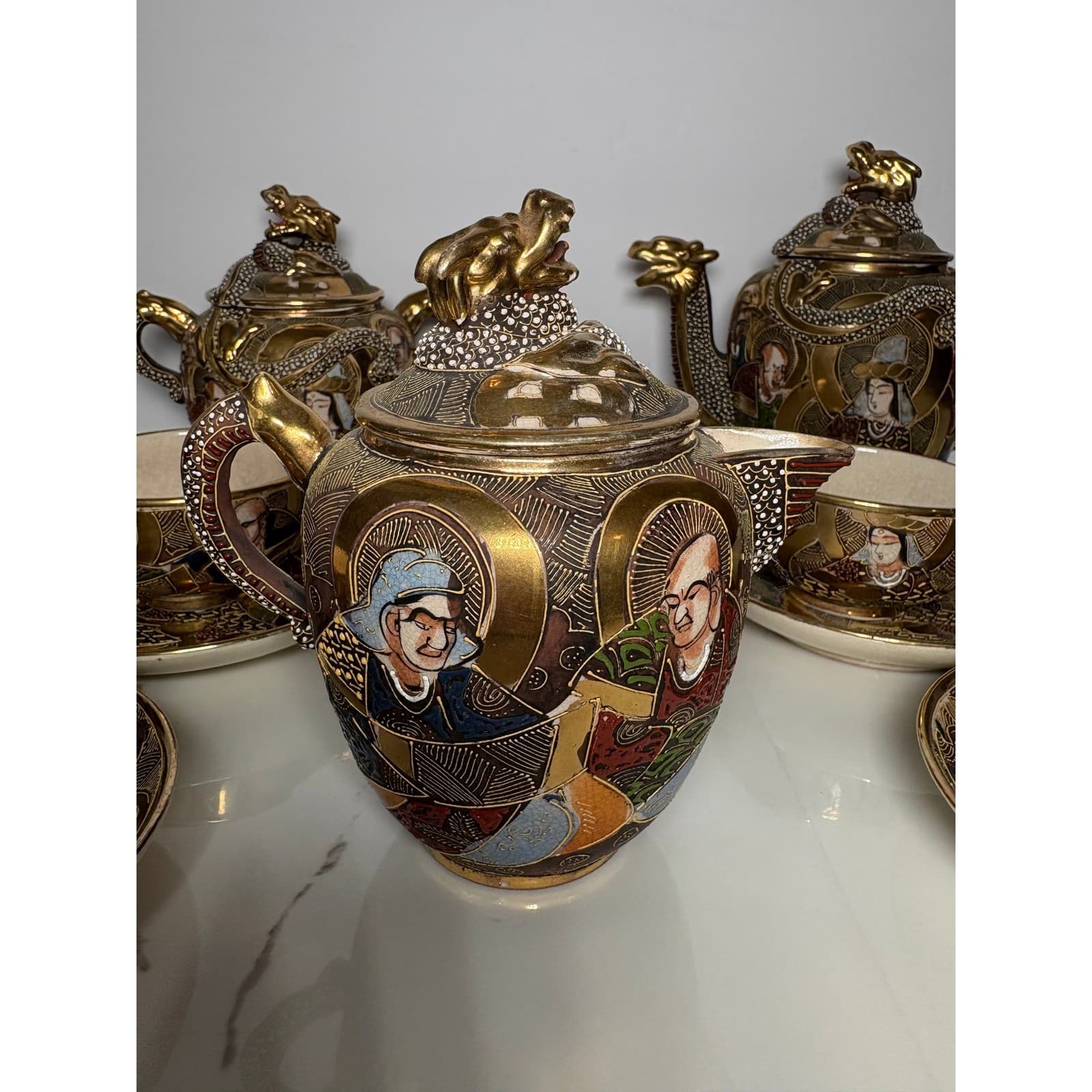 Vintage Japanese Satsuma Dragon 14 pc Tea Set Teapot Sugar Creamer Cups Saucers - Thumbnail 6