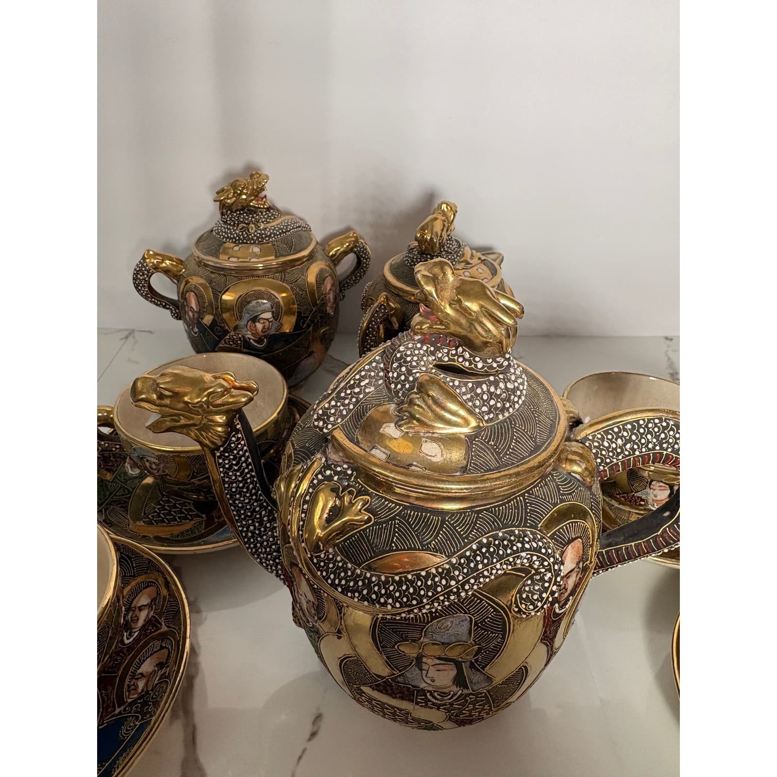 Vintage Japanese Satsuma Dragon 14 pc Tea Set Teapot Sugar Creamer Cups Saucers - Thumbnail 20