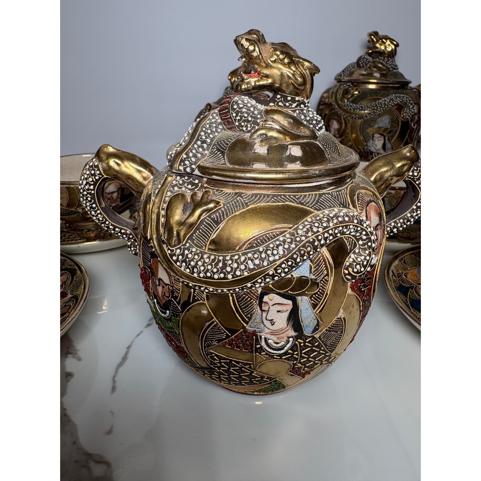 Vintage Japanese Satsuma Dragon 14 pc Tea Set Teapot Sugar Creamer Cups Saucers - Thumbnail 14