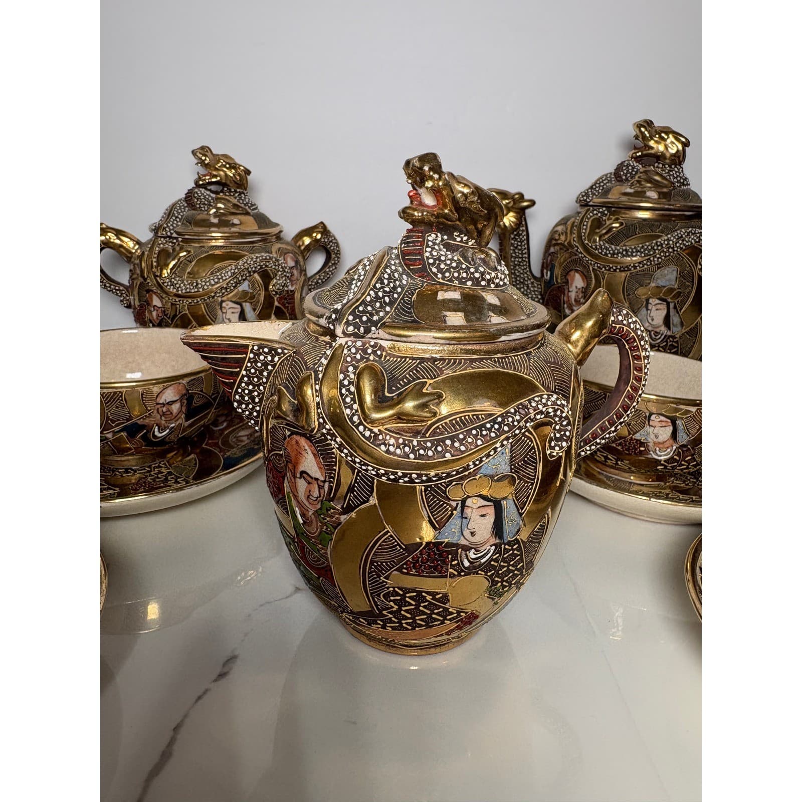 Vintage Japanese Satsuma Dragon 14 pc Tea Set Teapot Sugar Creamer Cups Saucers - Thumbnail 5