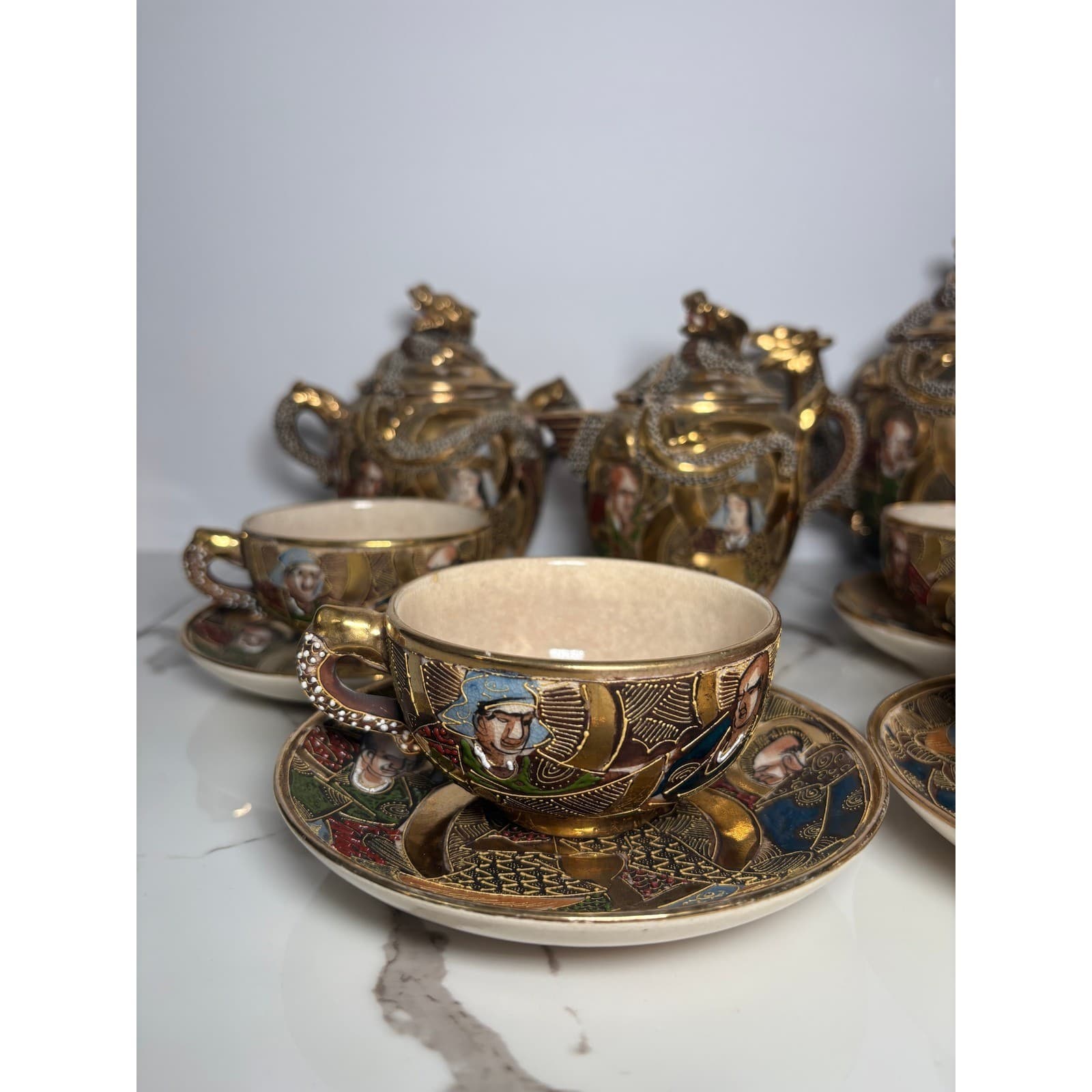 Vintage Japanese Satsuma Dragon 14 pc Tea Set Teapot Sugar Creamer Cups Saucers - Thumbnail 2