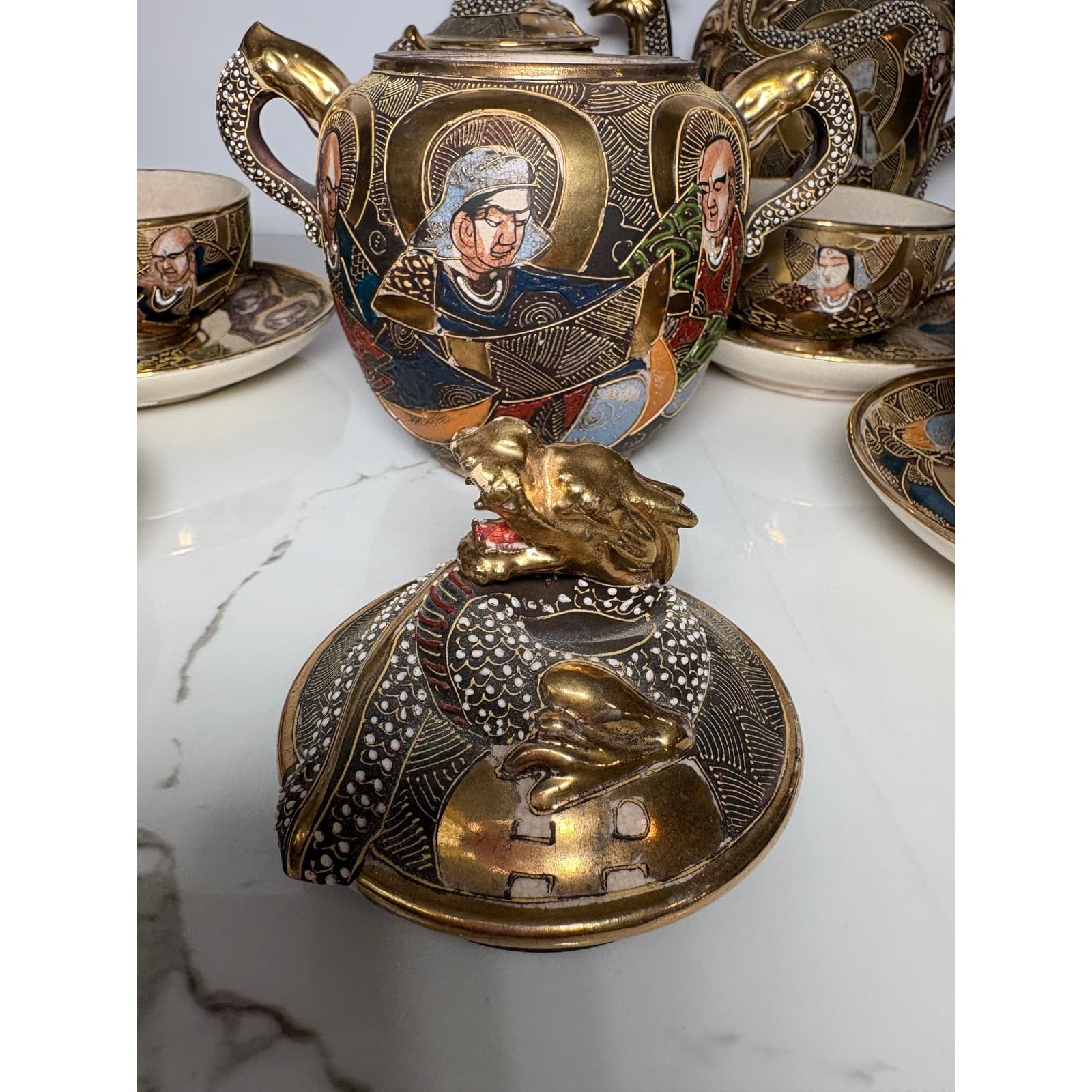 Vintage Japanese Satsuma Dragon 14 pc Tea Set Teapot Sugar Creamer Cups Saucers - Thumbnail 11
