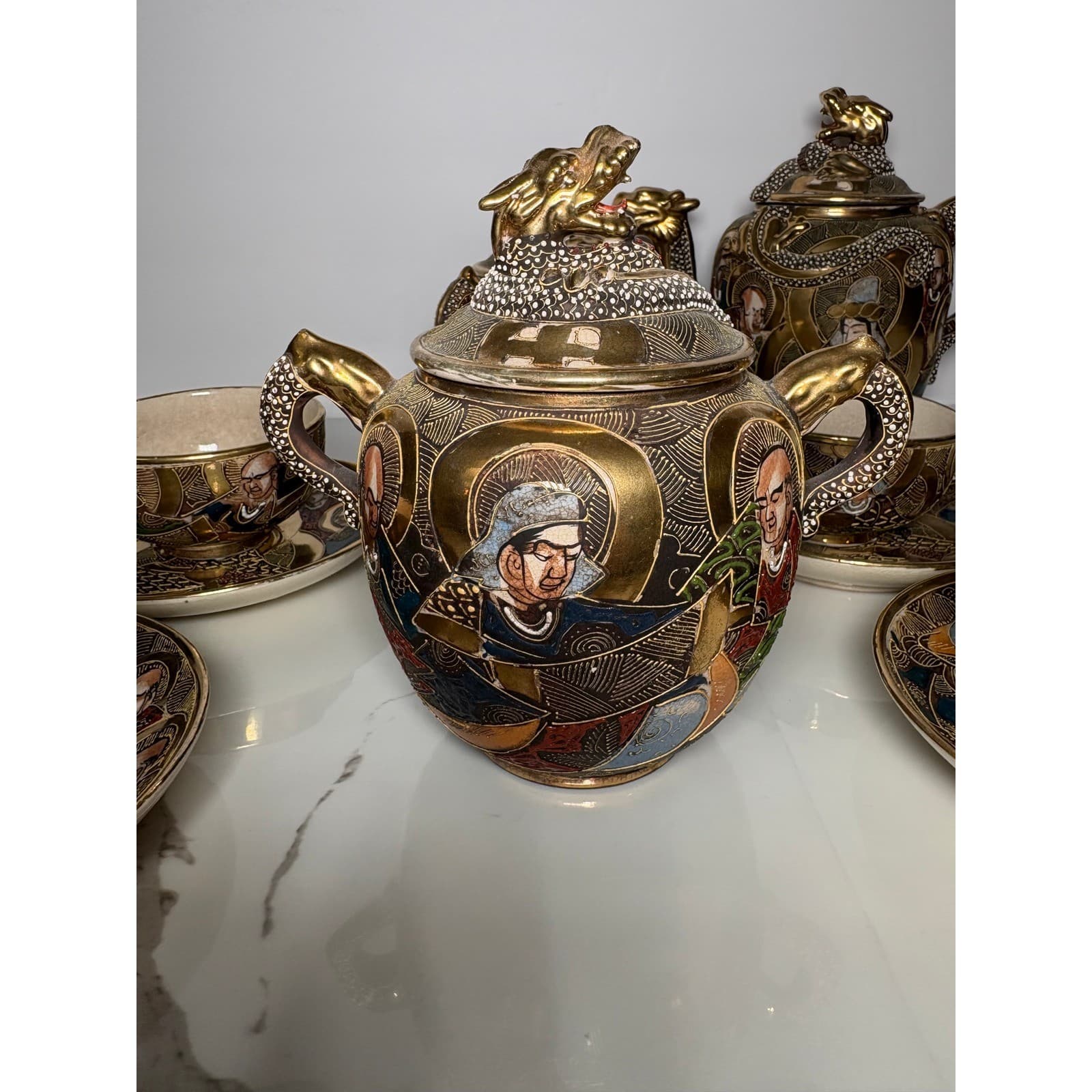 Vintage Japanese Satsuma Dragon 14 pc Tea Set Teapot Sugar Creamer Cups Saucers - Thumbnail 13