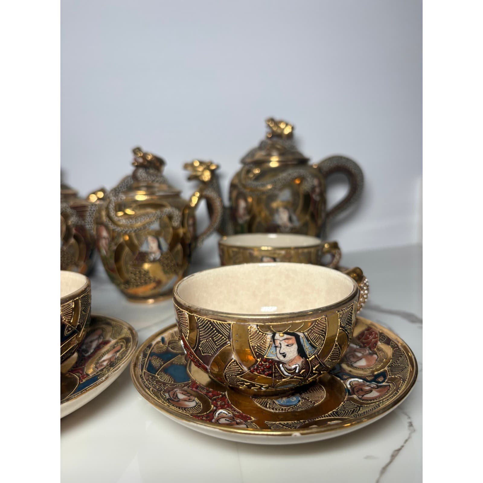 Vintage Japanese Satsuma Dragon 14 pc Tea Set Teapot Sugar Creamer Cups Saucers - Thumbnail 4