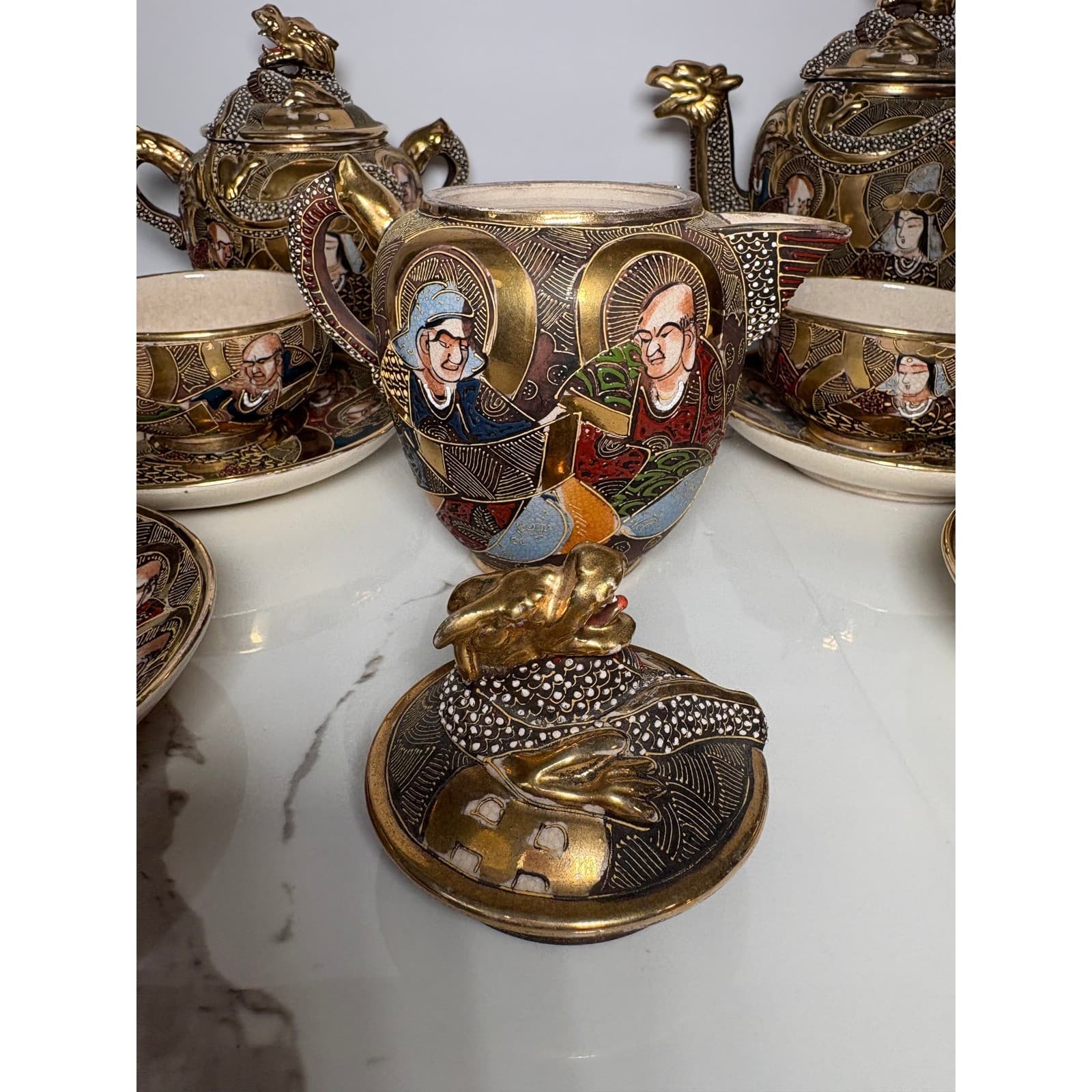 Vintage Japanese Satsuma Dragon 14 pc Tea Set Teapot Sugar Creamer Cups Saucers - Thumbnail 7