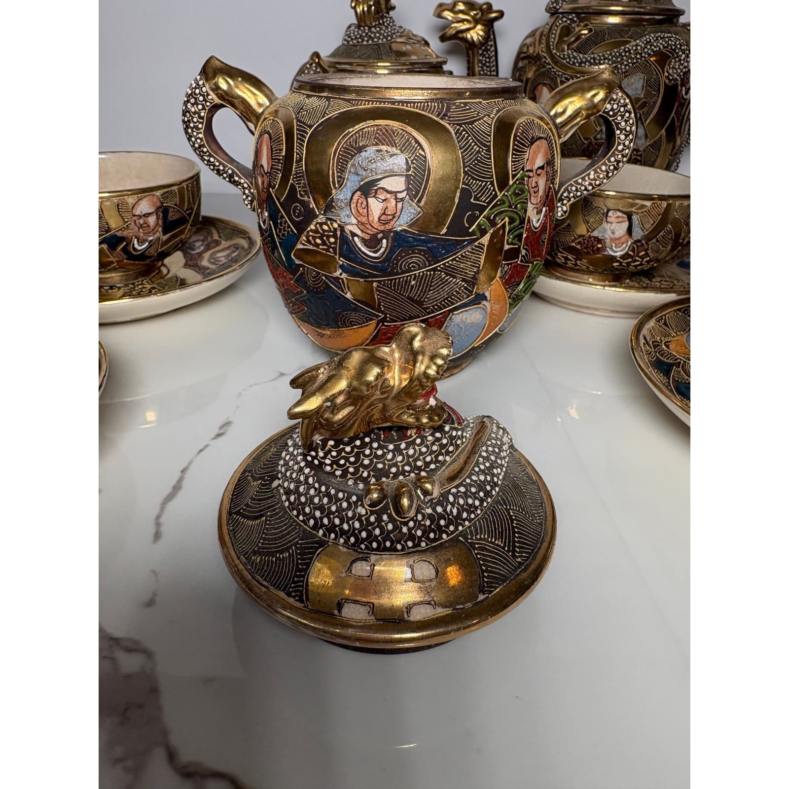 Vintage Japanese Satsuma Dragon 14 pc Tea Set Teapot Sugar Creamer Cups Saucers - Thumbnail 12