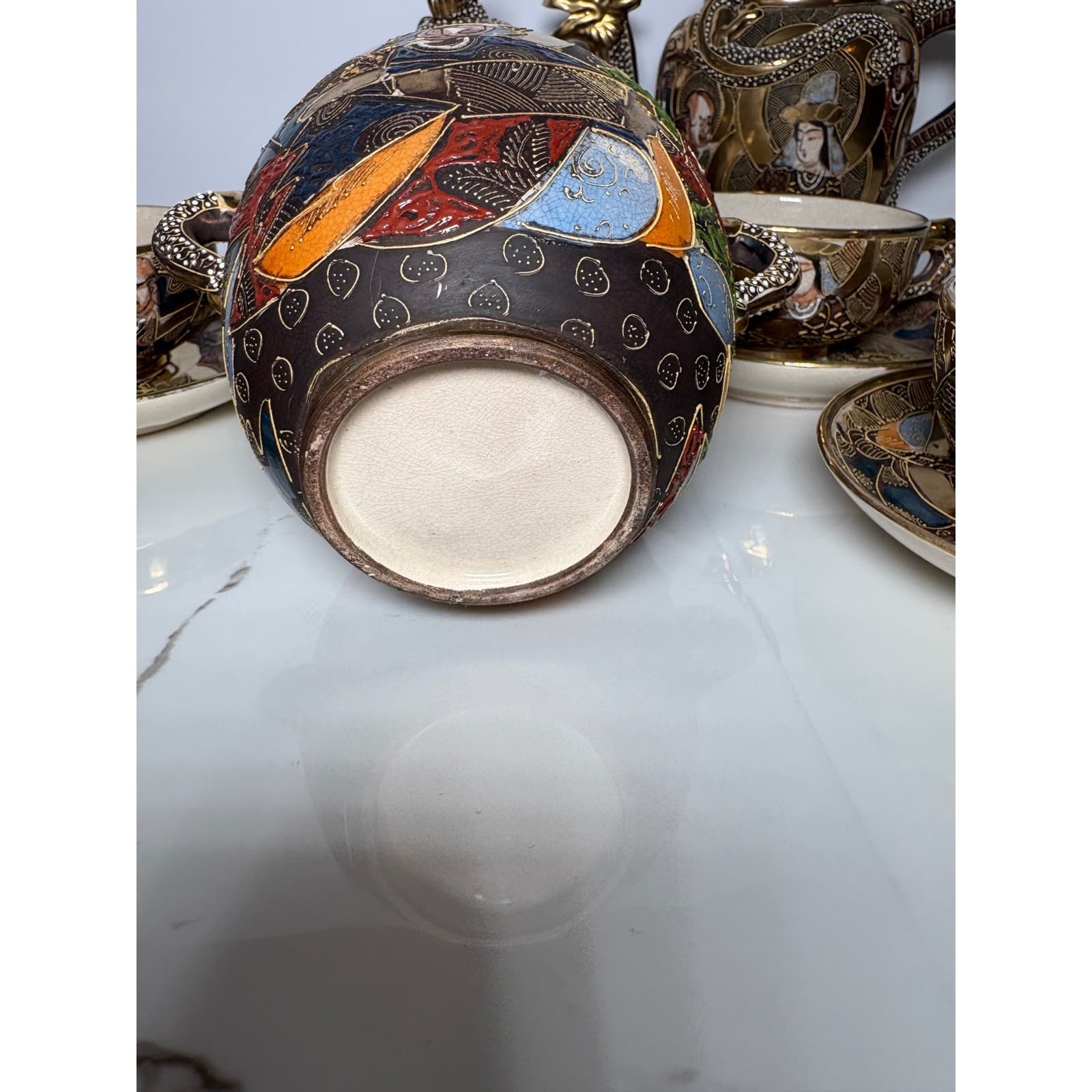 Vintage Japanese Satsuma Dragon 14 pc Tea Set Teapot Sugar Creamer Cups Saucers - Thumbnail 15