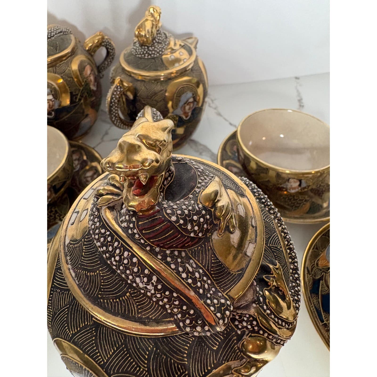 Vintage Japanese Satsuma Dragon 14 pc Tea Set Teapot Sugar Creamer Cups Saucers - Thumbnail 22