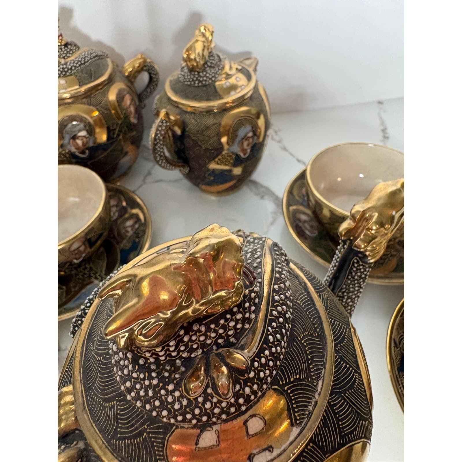 Vintage Japanese Satsuma Dragon 14 pc Tea Set Teapot Sugar Creamer Cups Saucers - Thumbnail 23