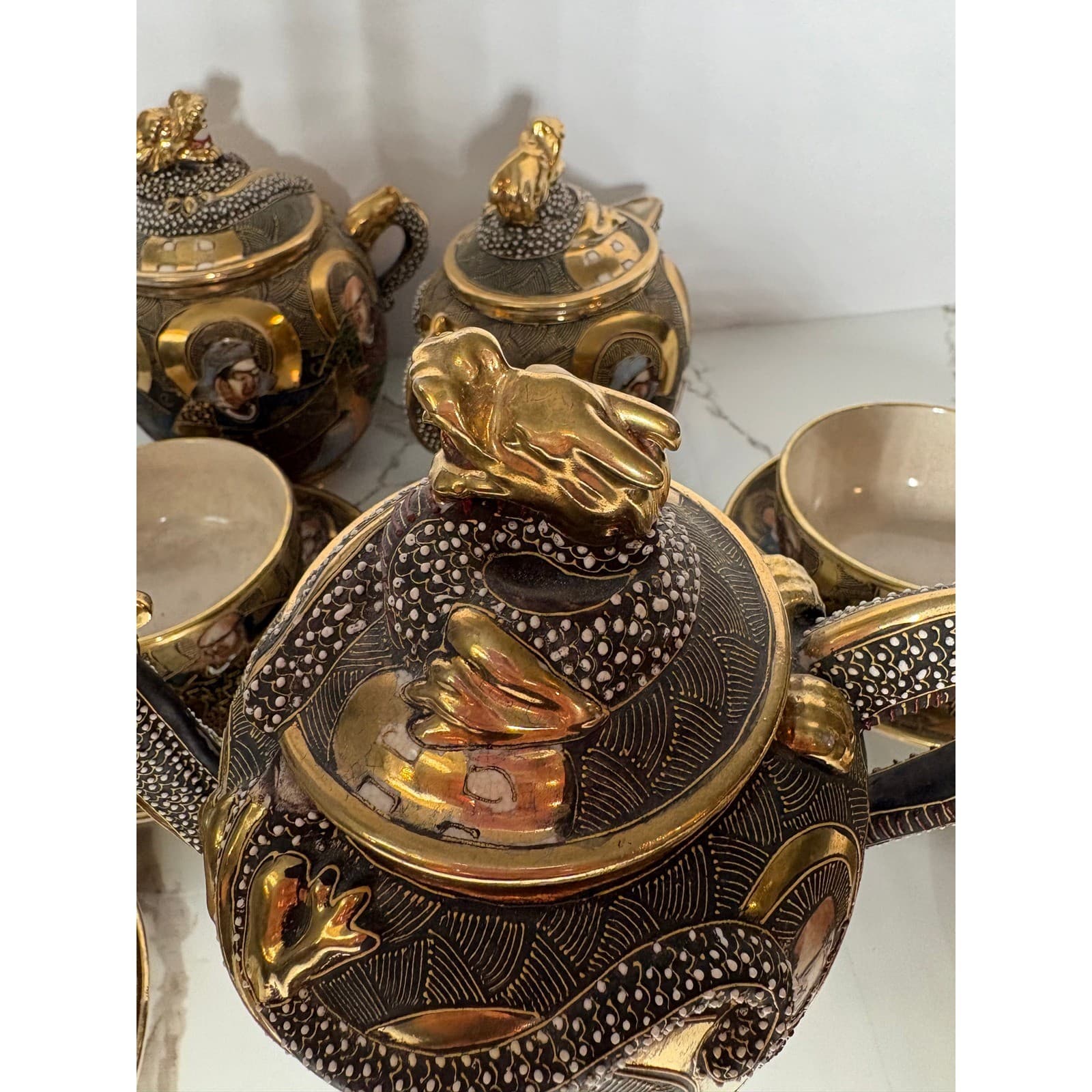 Vintage Japanese Satsuma Dragon 14 pc Tea Set Teapot Sugar Creamer Cups Saucers - Thumbnail 21
