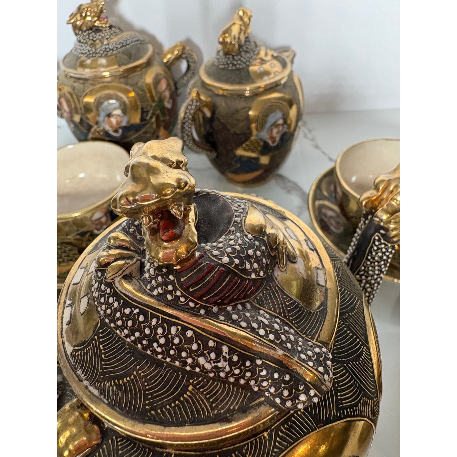 Vintage Japanese Satsuma Dragon 14 pc Tea Set Teapot Sugar Creamer Cups Saucers - Thumbnail 24