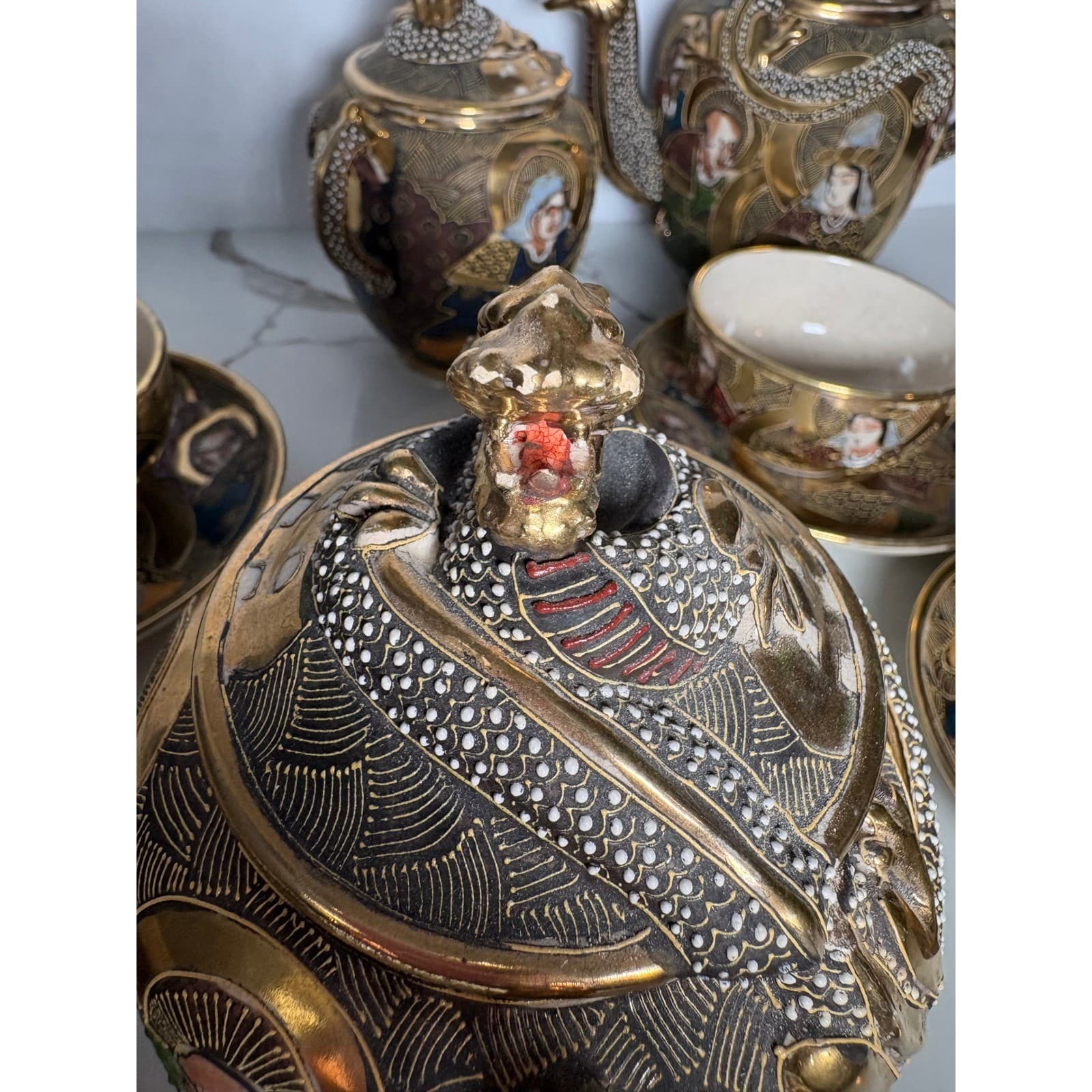 Vintage Japanese Satsuma Dragon 14 pc Tea Set Teapot Sugar Creamer Cups Saucers - Thumbnail 17