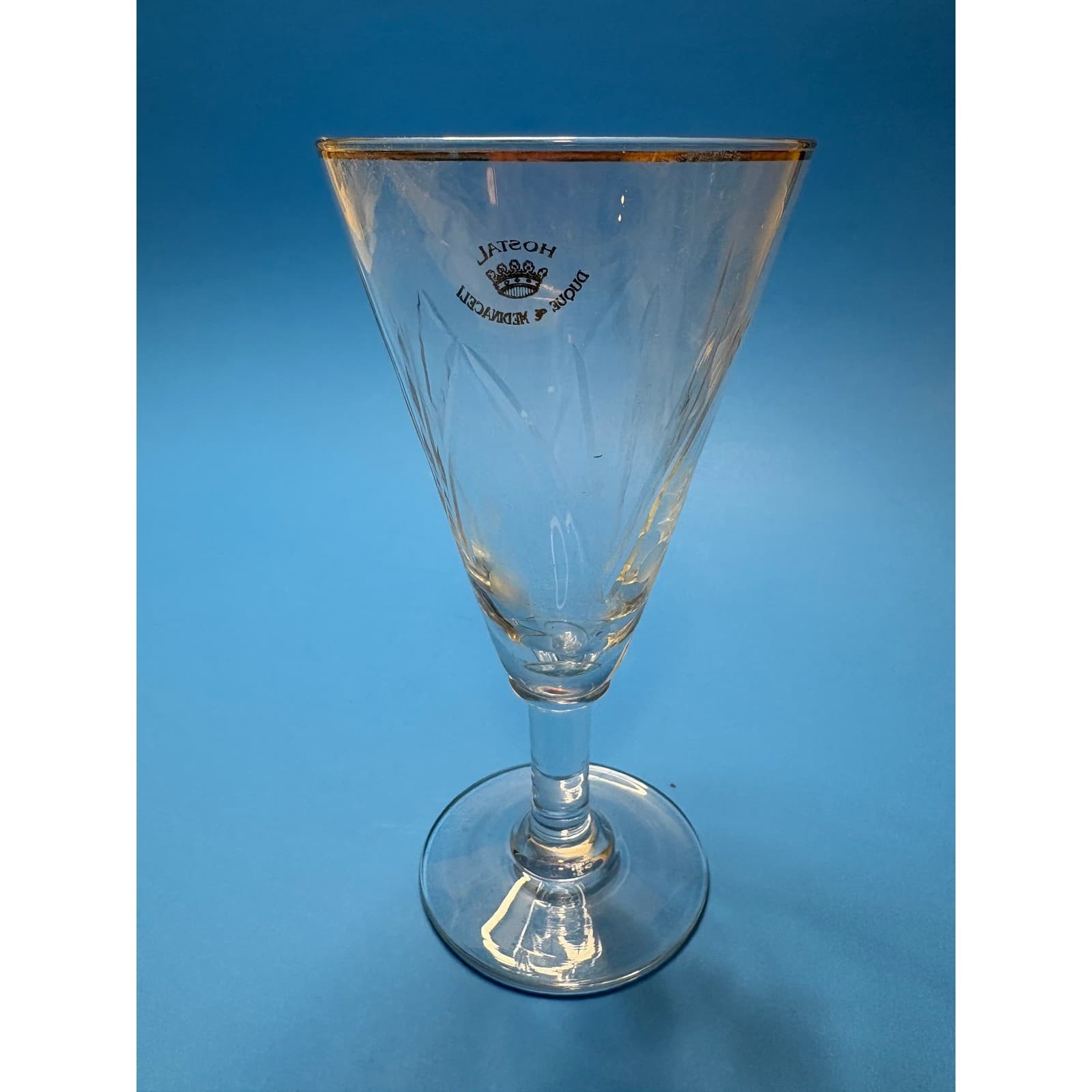 Hostal Duque de Medinaceli Vintage Souvenir Glass Gold Rim Cut Glass Spain Stem - Thumbnail 4