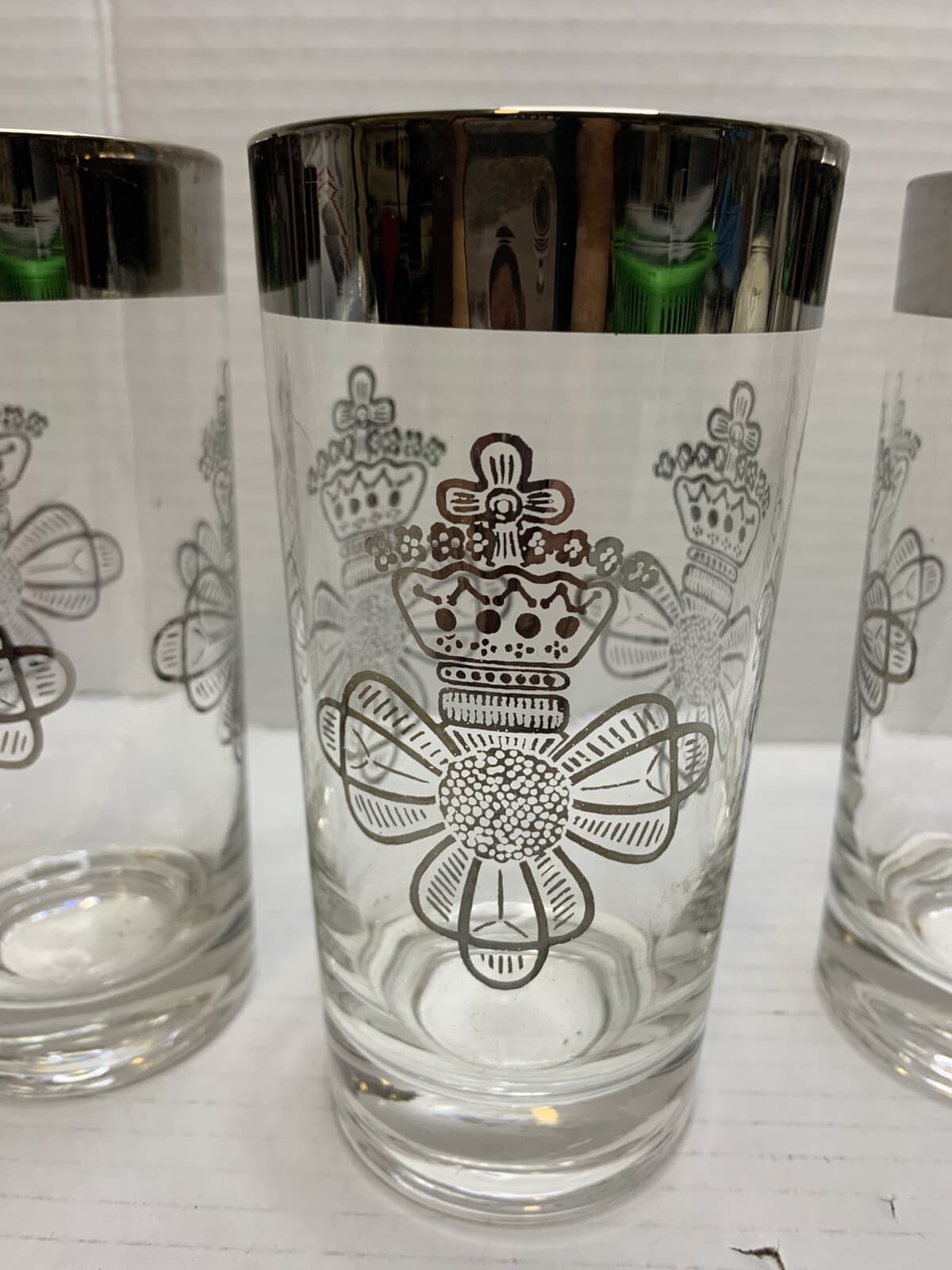Set Of 4 MCM Silver Rim Dorothy Thorpe Tumbler Glasses W/holder Caddy & Coasters - Thumbnail 7