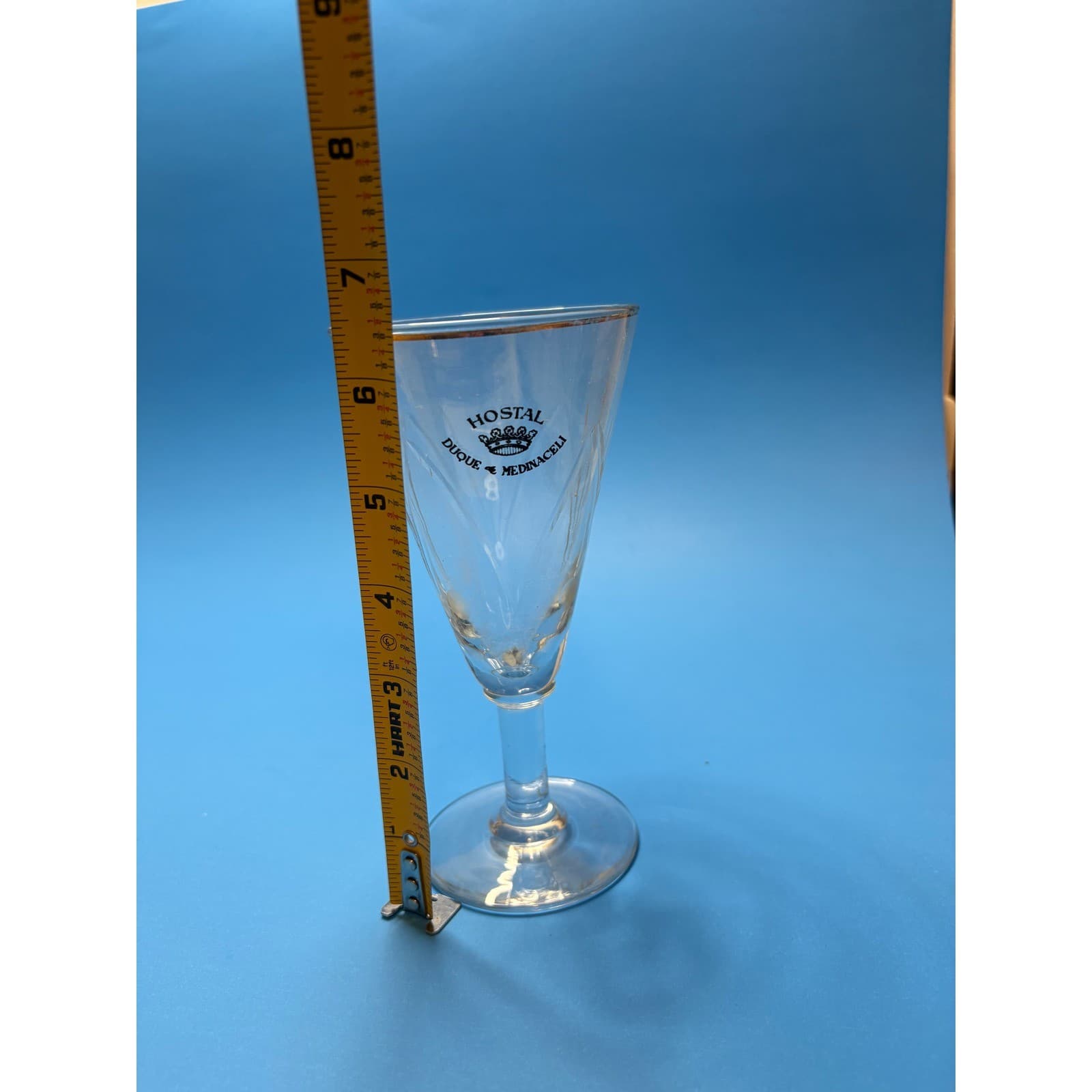 Hostal Duque de Medinaceli Vintage Souvenir Glass Gold Rim Cut Glass Spain Stem - Thumbnail 3