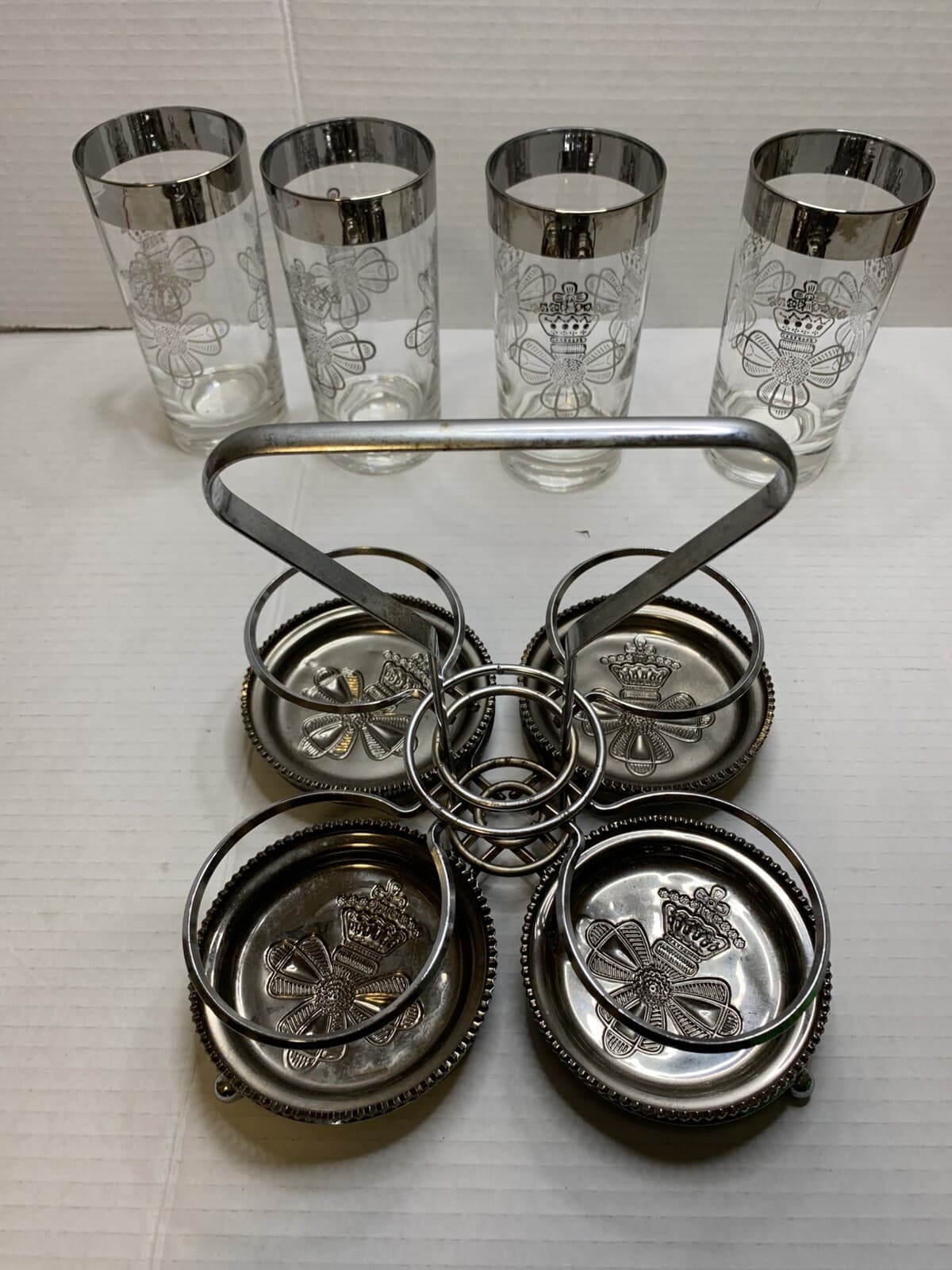 Set Of 4 MCM Silver Rim Dorothy Thorpe Tumbler Glasses W/holder Caddy & Coasters - Thumbnail 3