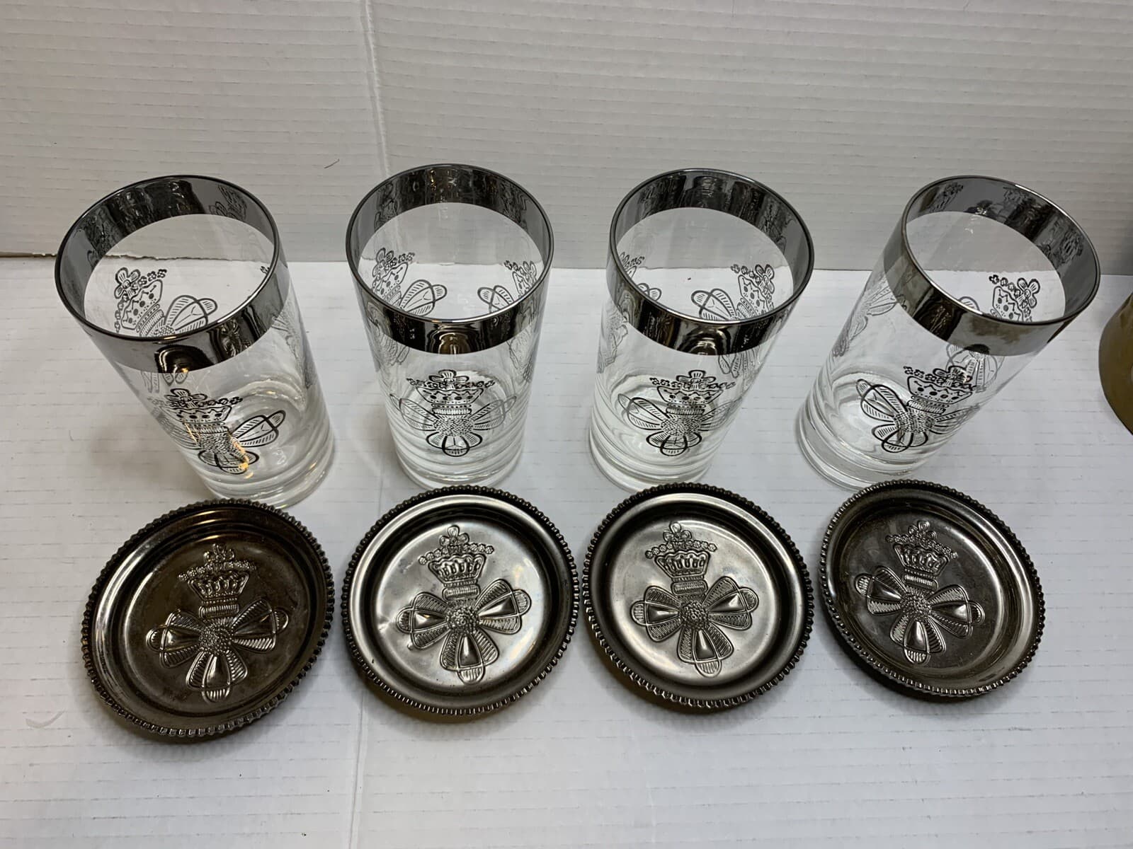 Set Of 4 MCM Silver Rim Dorothy Thorpe Tumbler Glasses W/holder Caddy & Coasters - Thumbnail 8