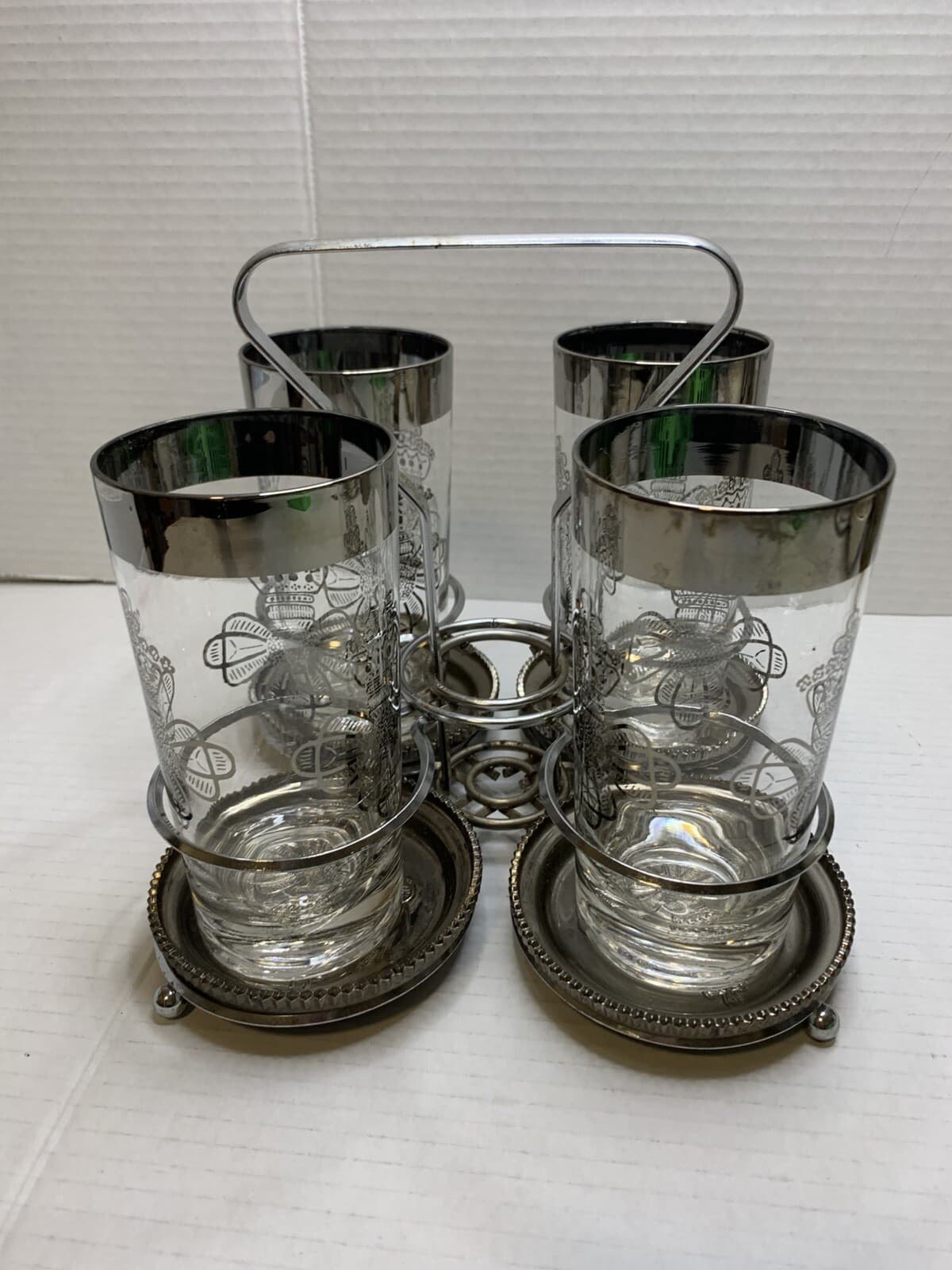 Set Of 4 MCM Silver Rim Dorothy Thorpe Tumbler Glasses W/holder Caddy & Coasters - Thumbnail 11