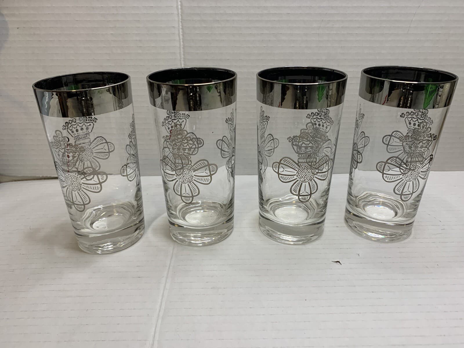 Set Of 4 MCM Silver Rim Dorothy Thorpe Tumbler Glasses W/holder Caddy & Coasters - Thumbnail 5