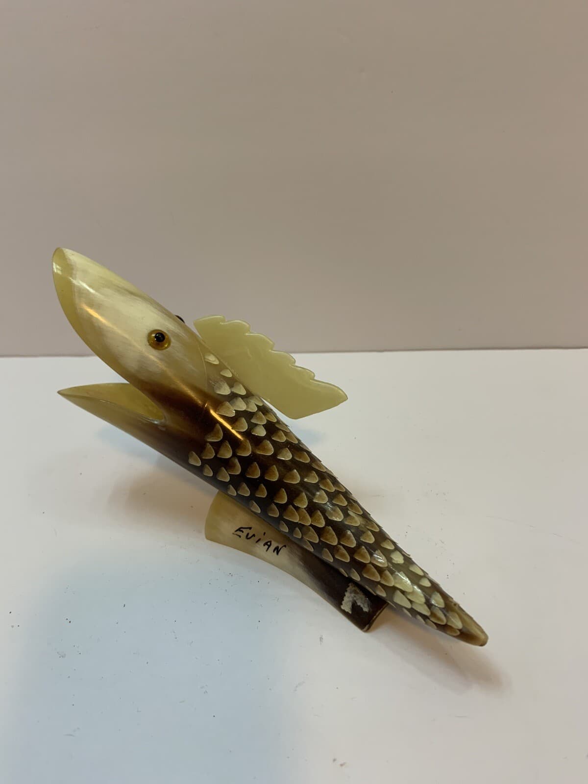 Vintage Bovine Horn Open Mouth Decorative Fish Sculpture - Thumbnail 3