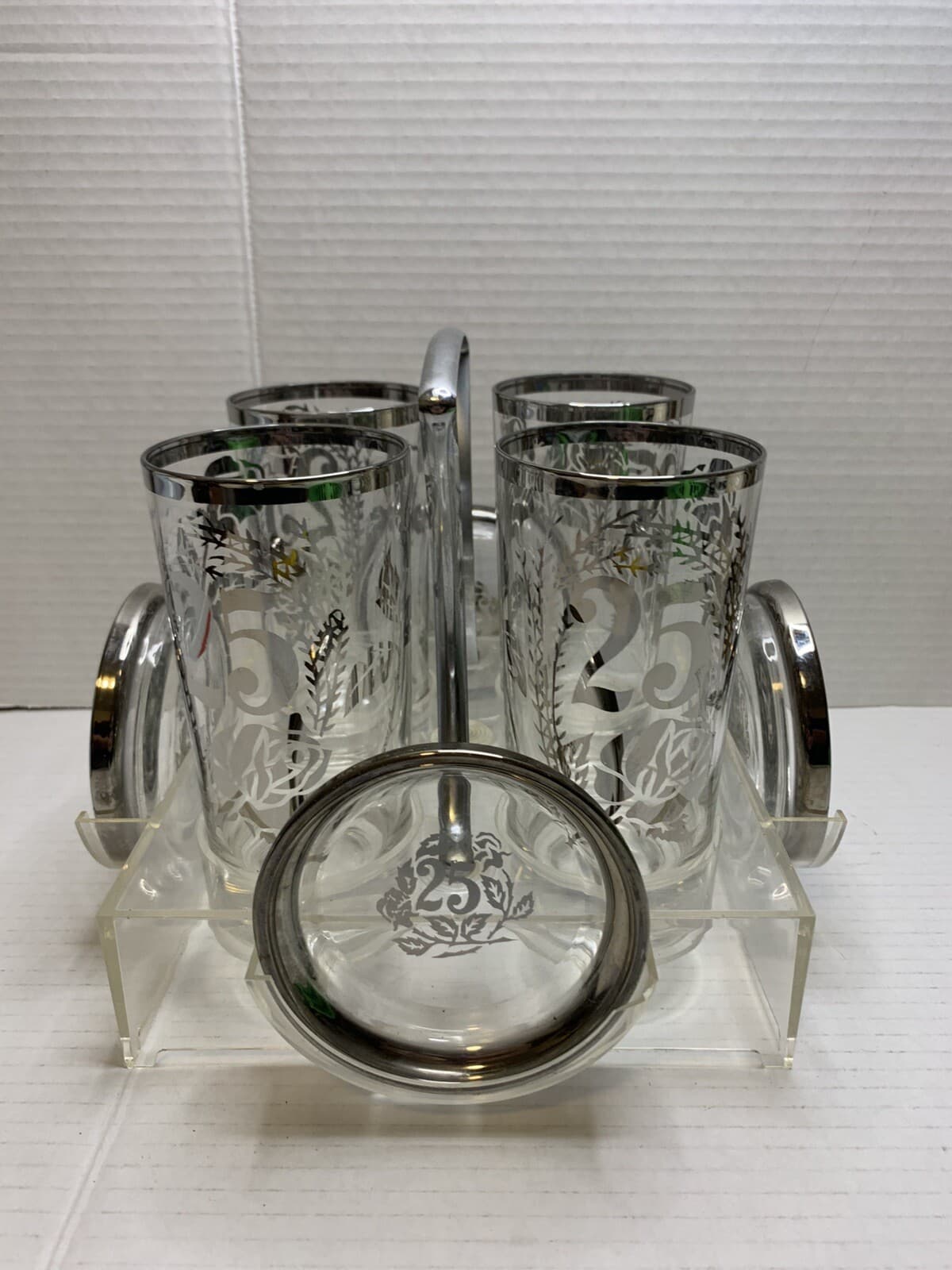 Set Of 4 Royal Lusterware 25th Anniversary Glasses W/holder Caddy & Coasters - Thumbnail 5