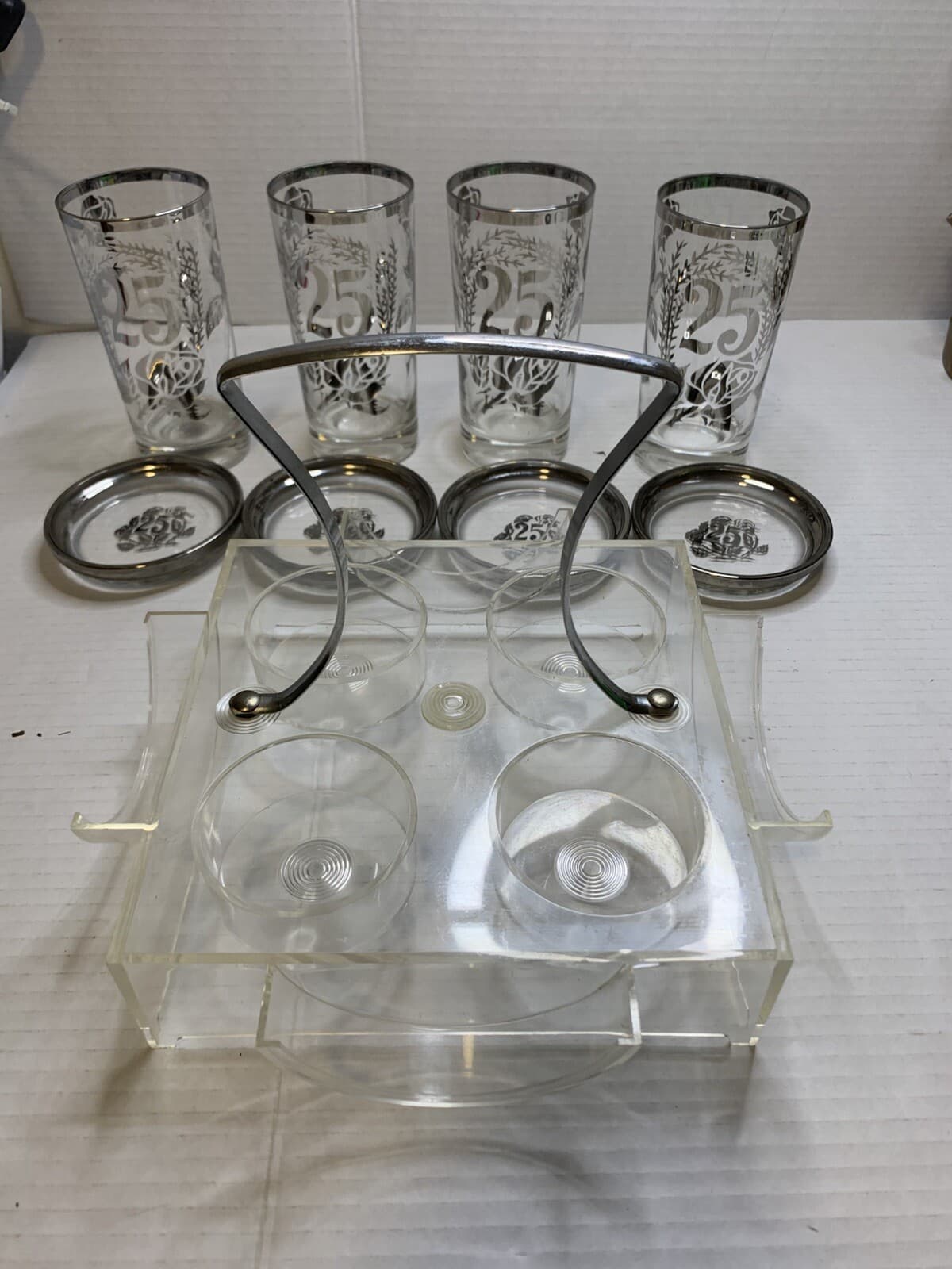 Set Of 4 Royal Lusterware 25th Anniversary Glasses W/holder Caddy & Coasters - Thumbnail 7