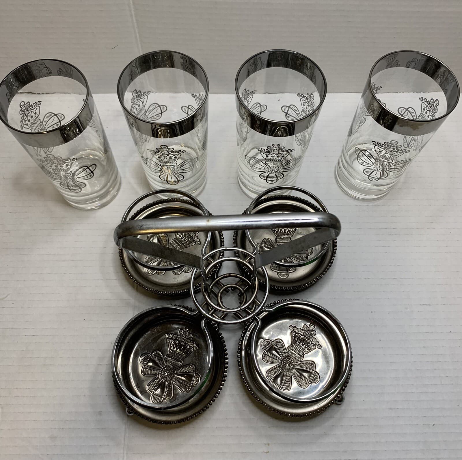 Set Of 4 MCM Silver Rim Dorothy Thorpe Tumbler Glasses W/holder Caddy & Coasters - Thumbnail 4