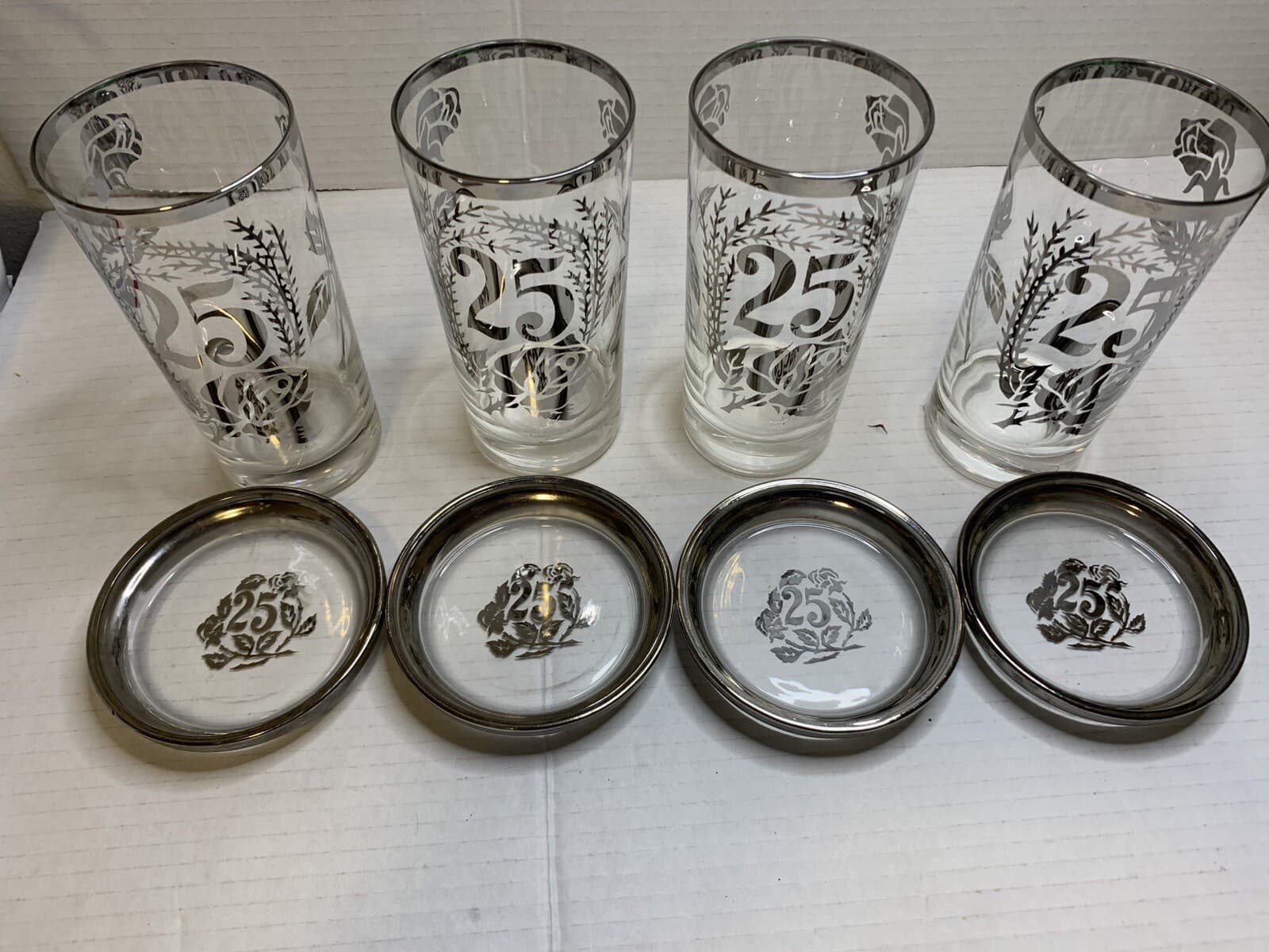 Set Of 4 Royal Lusterware 25th Anniversary Glasses W/holder Caddy & Coasters - Thumbnail 8