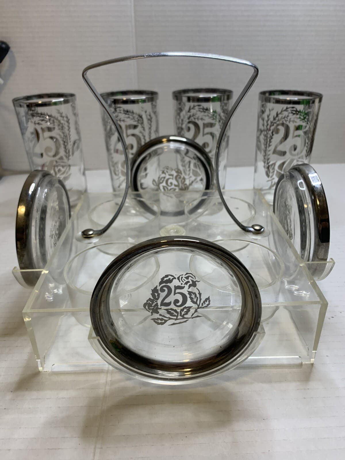 Set Of 4 Royal Lusterware 25th Anniversary Glasses W/holder Caddy & Coasters - Thumbnail 3