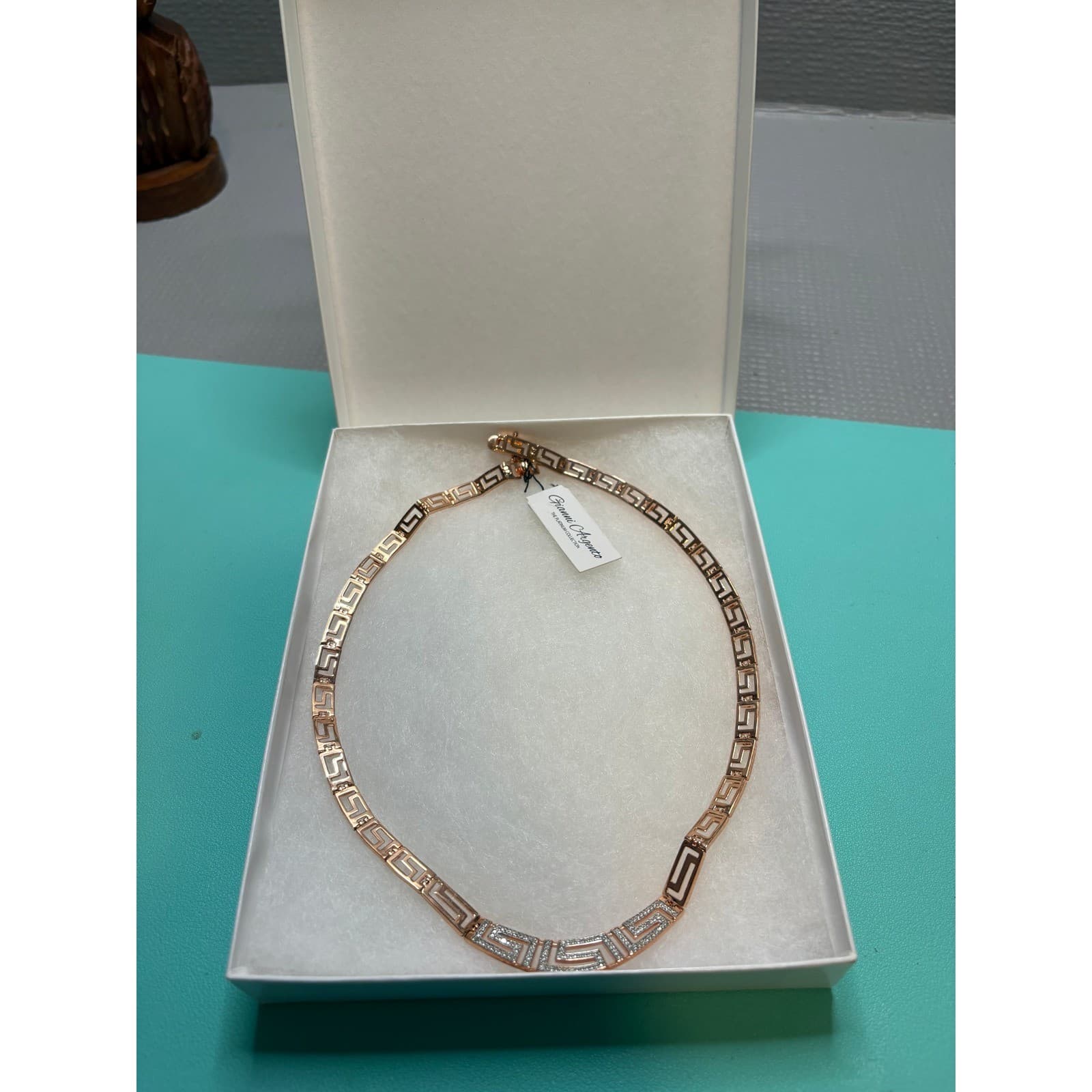 Gianni Argento Rose Gold 14KT Gold Plated Greek Key Crystal Necklace NWT Boscovs - Thumbnail 3