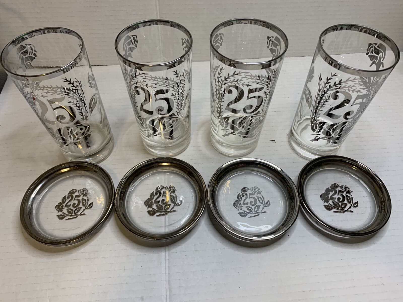 Set Of 4 Royal Lusterware 25th Anniversary Glasses W/holder Caddy & Coasters - Thumbnail 4