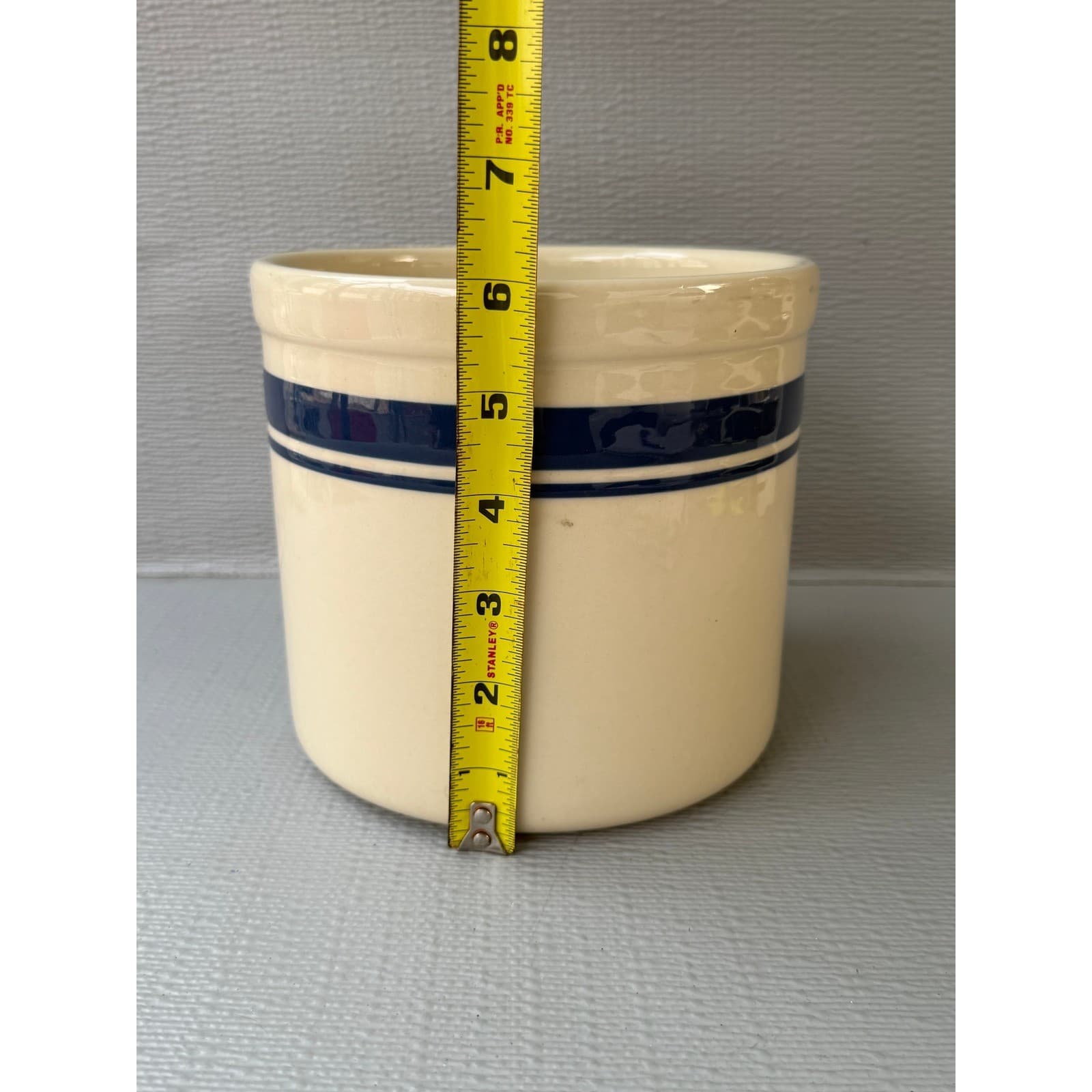 Stoneware Crock Blue Striped Cream Utensil Holder FP USA Roseville Ohio 2 Qt - Thumbnail 7