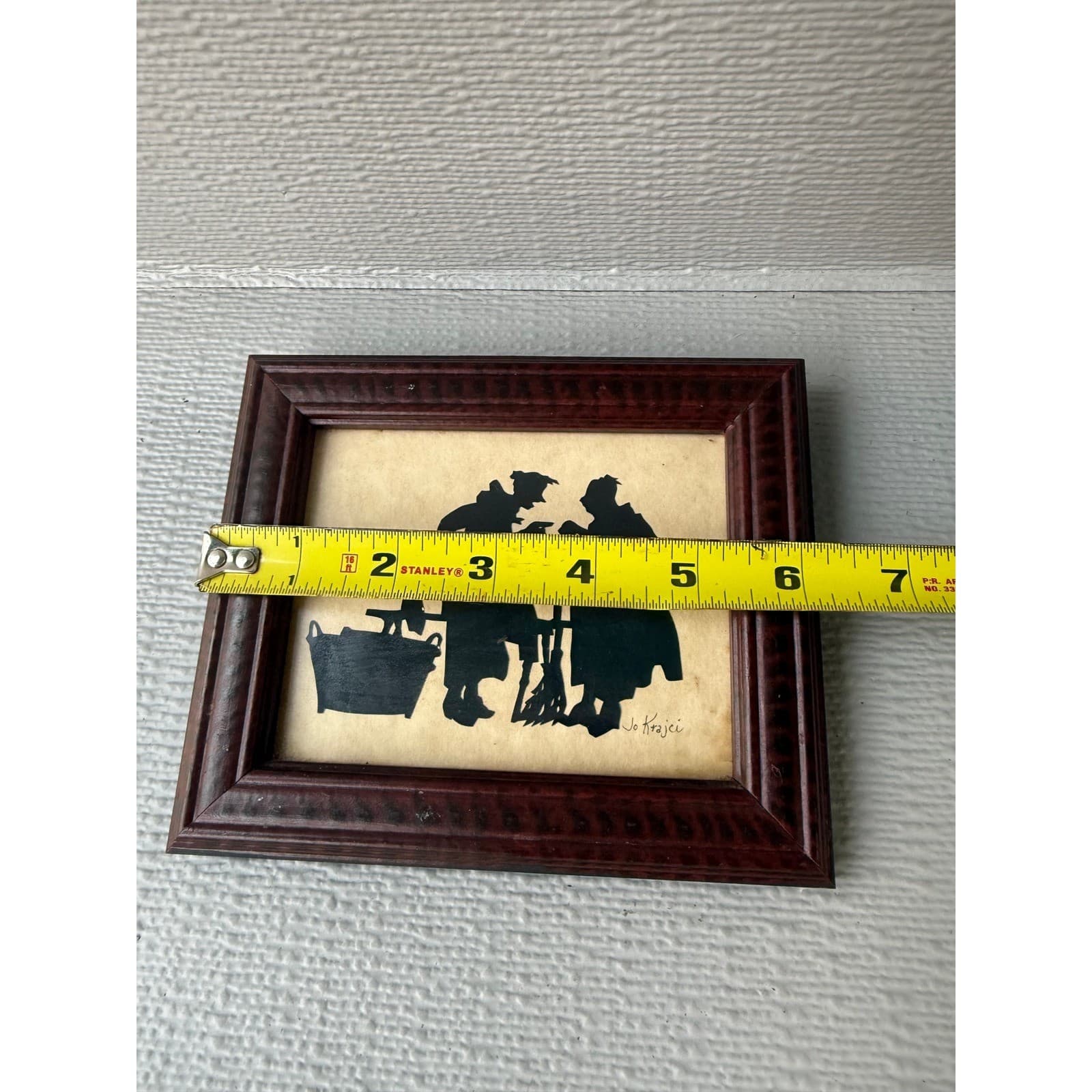 Jo Krajci Signed Vintage Silhouette Art Framed Women Wash Tub Broom 7x6 - Thumbnail 3