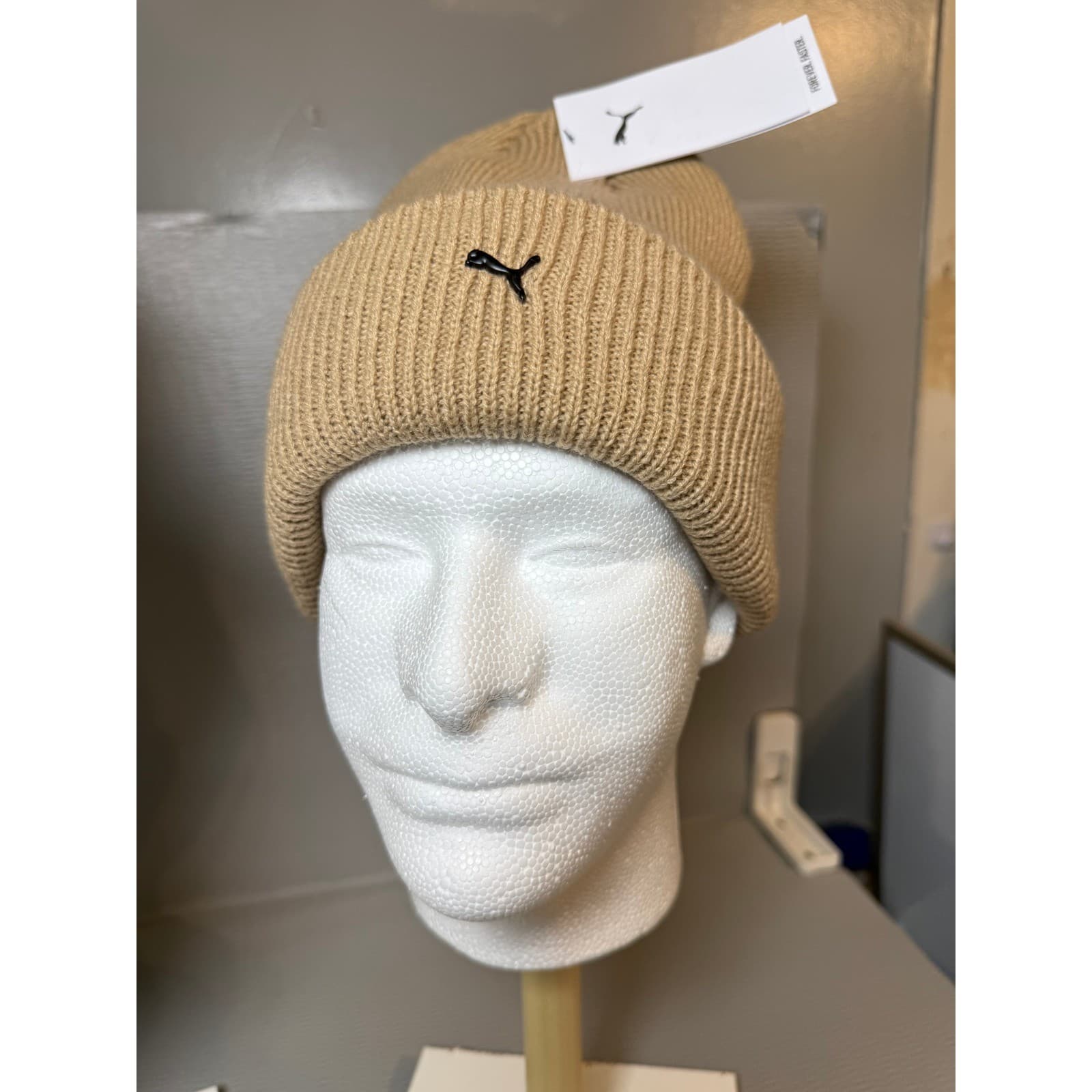 Puma Ribbed Knit Cuffed Beanie Hat Medium Beige - Thumbnail 8