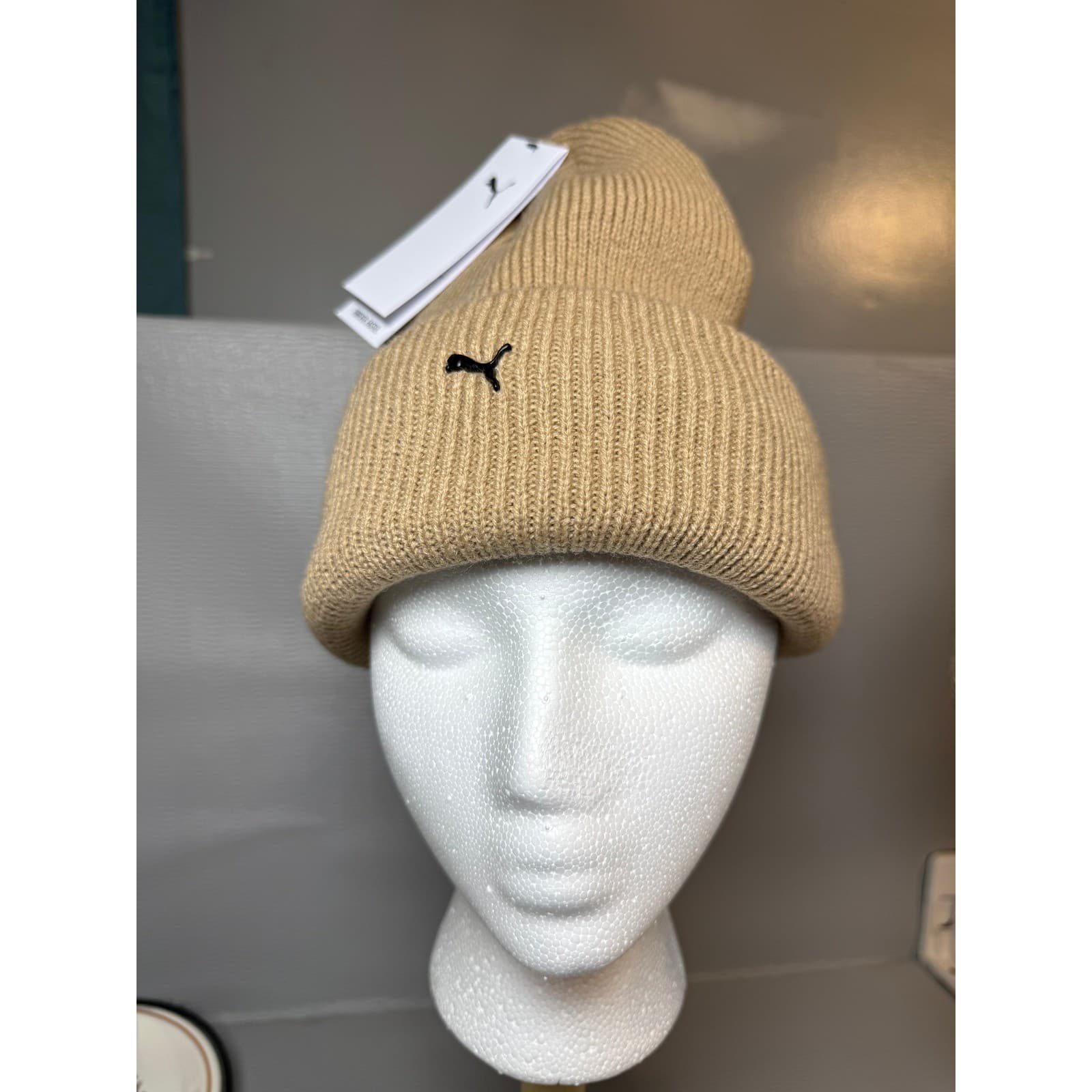 Puma Ribbed Knit Cuffed Beanie Hat Medium Beige - Thumbnail 7