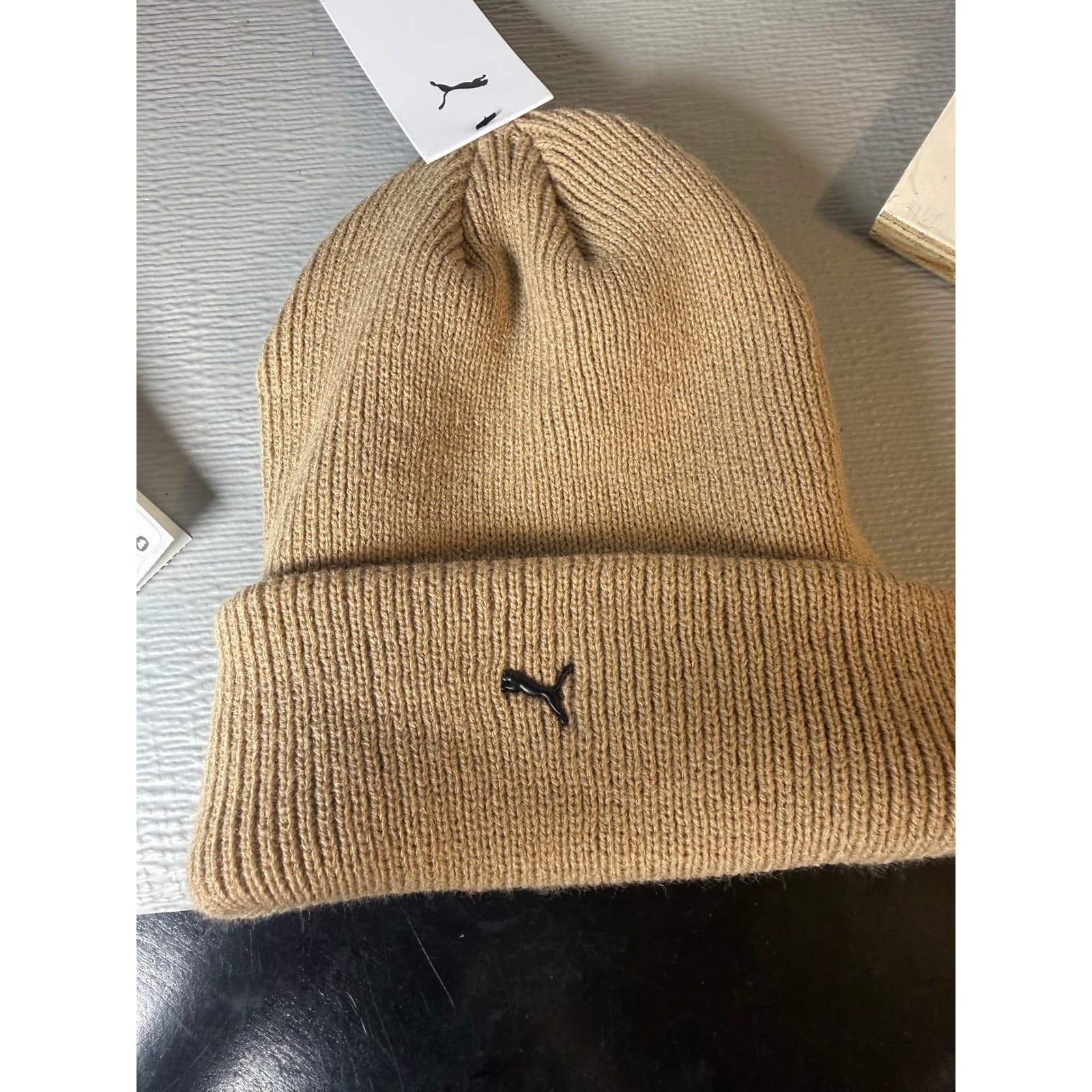 Puma Ribbed Knit Cuffed Beanie Hat Medium Beige - Thumbnail 3