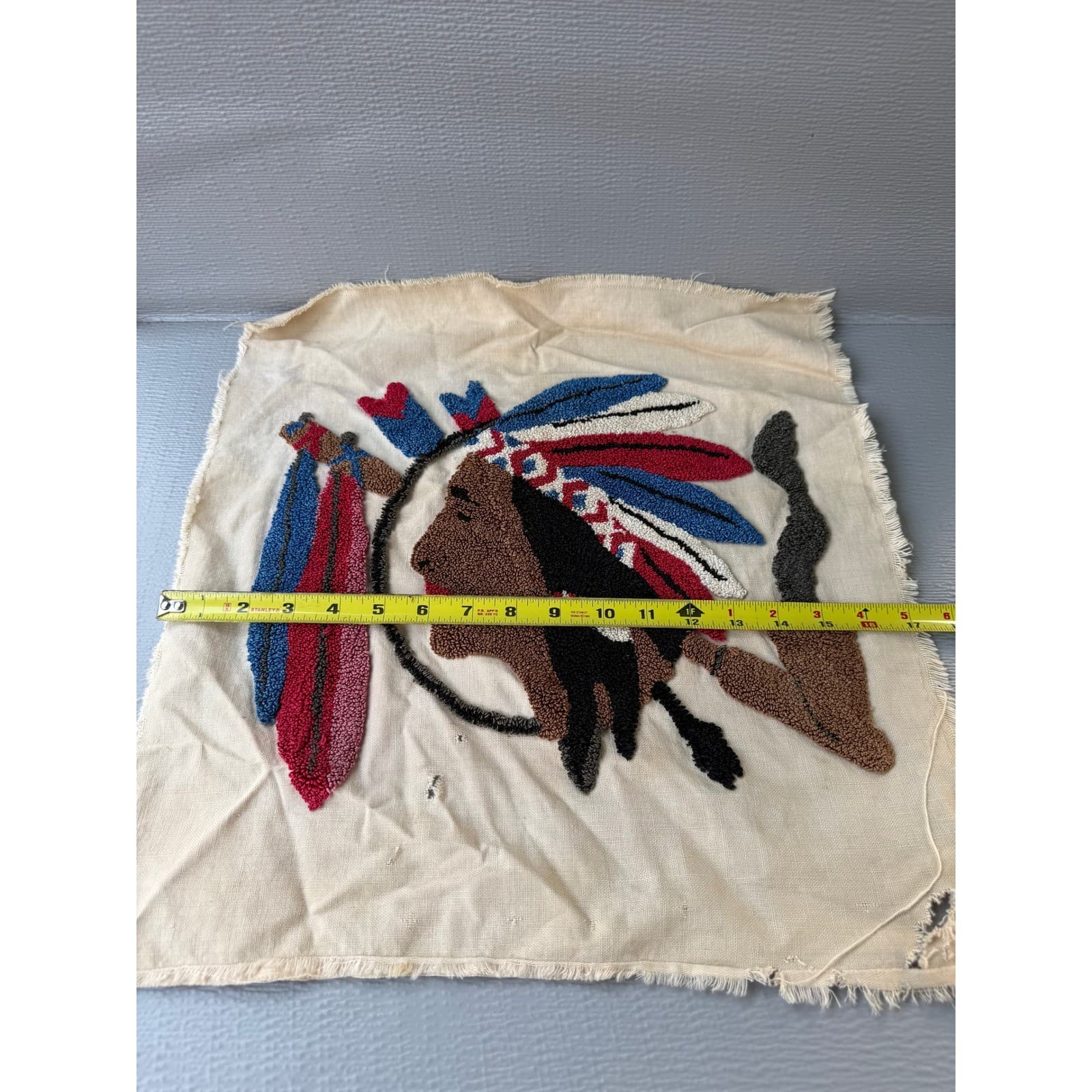 Vintage Punch Needle Rug Hook Native American Chief Textile Art Handmade 17x18 - Thumbnail 2