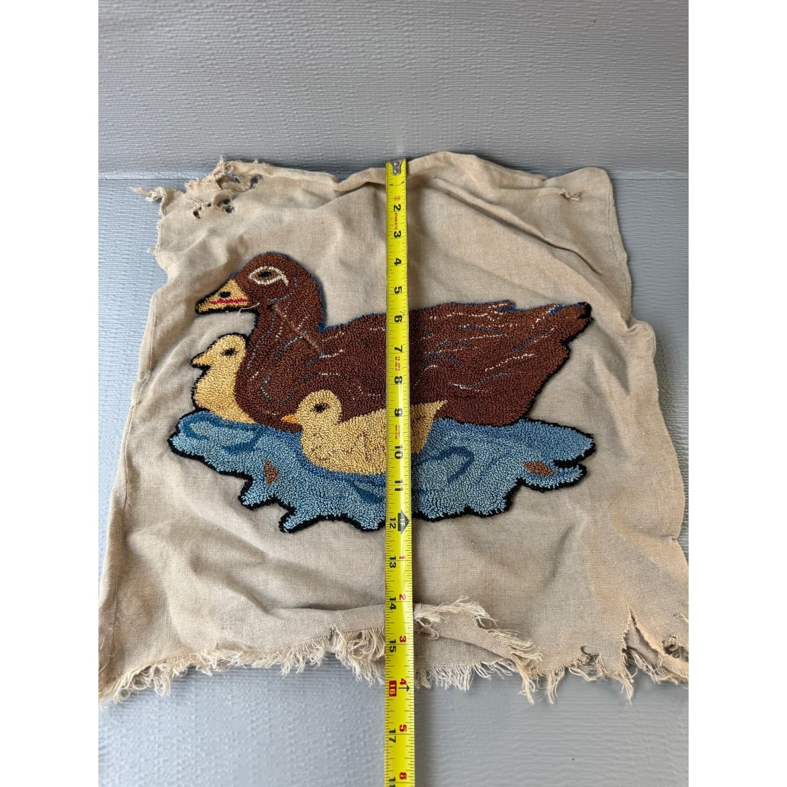 Vintage Handmade Punch Needle Rug Hook Duck Mallard Folk Art Textile 16x16.5 - Thumbnail 3