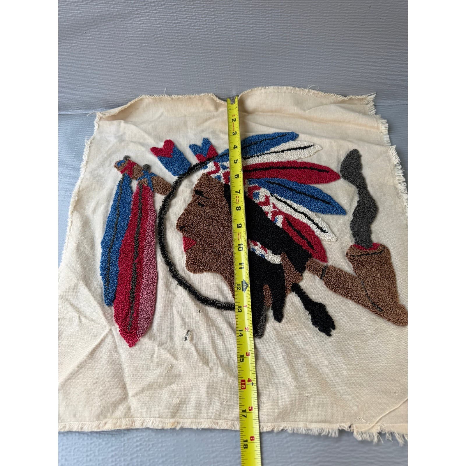 Vintage Punch Needle Rug Hook Native American Chief Textile Art Handmade 17x18 - Thumbnail 3