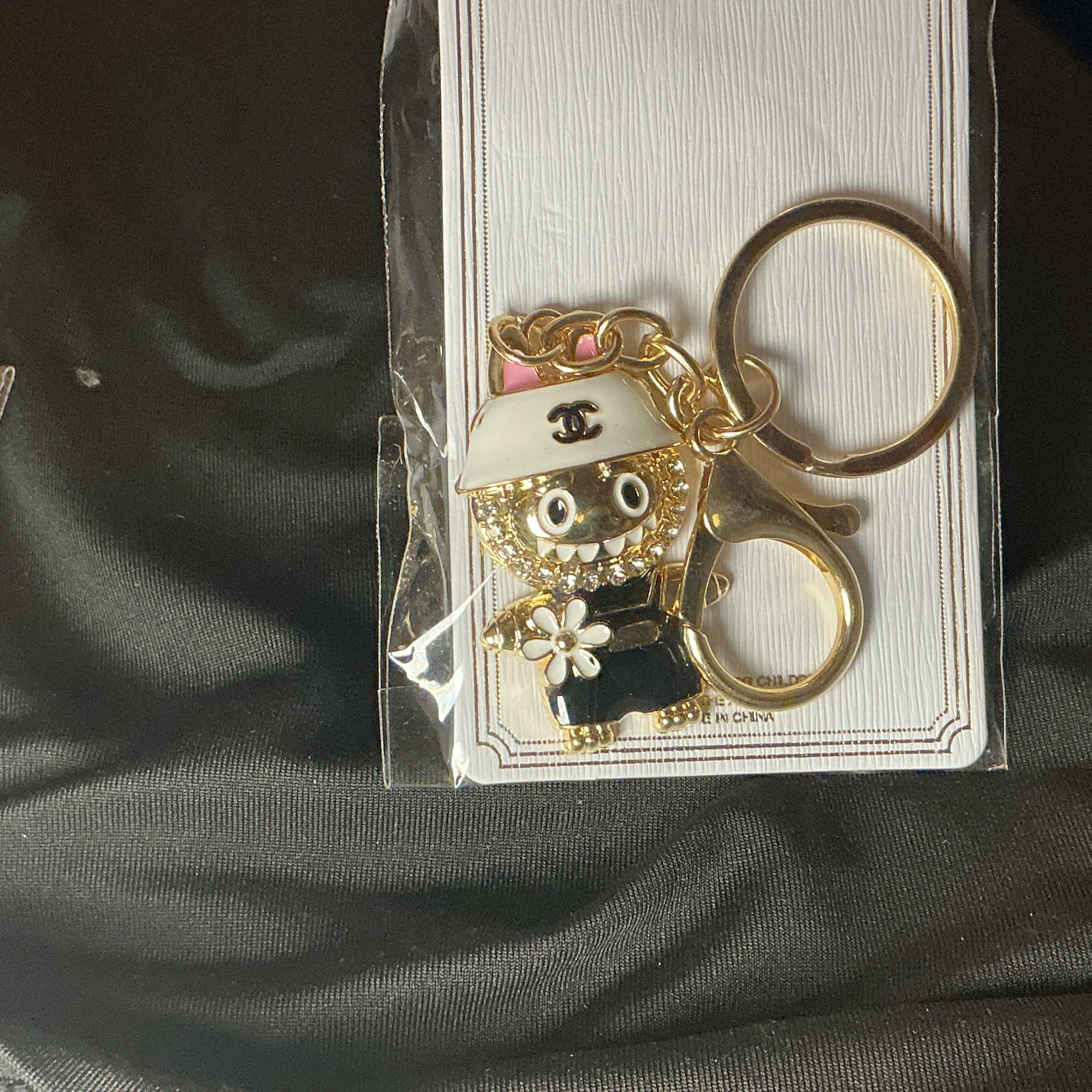 ★ Black White Baseball Player Keychain Gold Hardware Bag Charm New