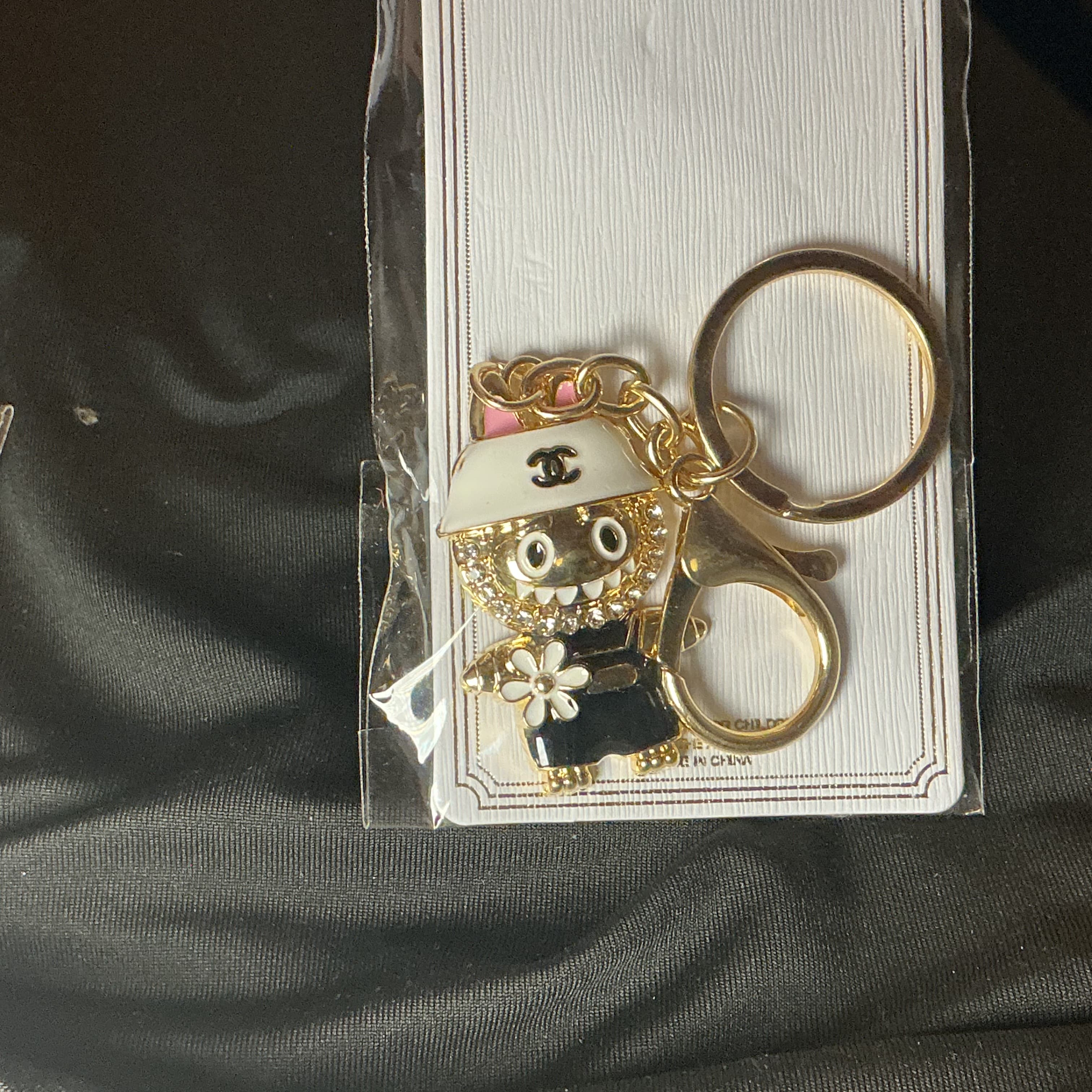 ★ Black White Baseball Player Keychain Gold Hardware Bag Charm New - Thumbnail 2