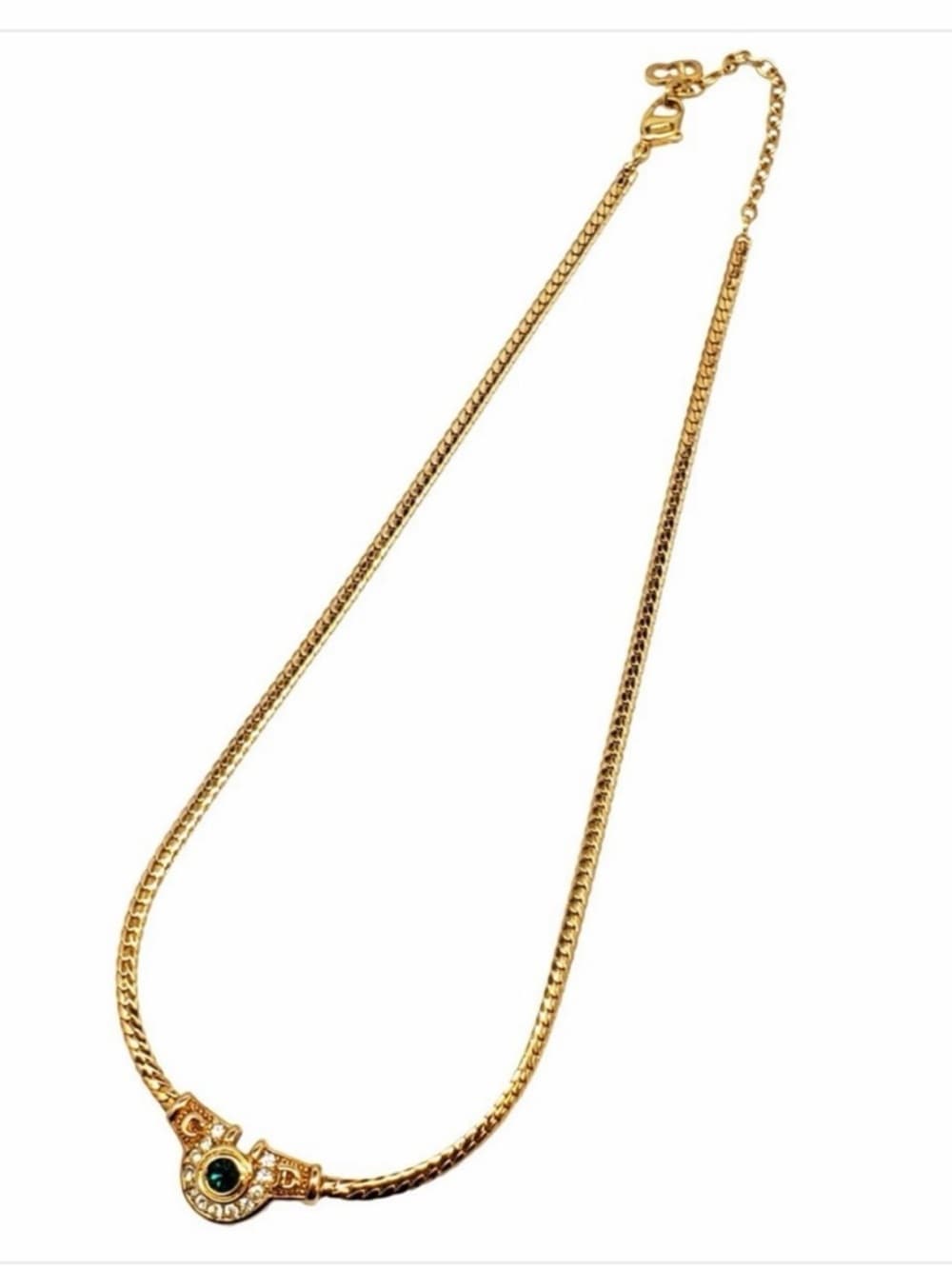Christian DIOR Rhinestone Necklace Green Gold Plated Flat Herringbone Chain 17” - Thumbnail 3