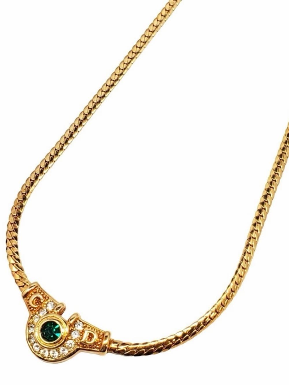 Christian DIOR Rhinestone Necklace Green Gold Plated Flat Herringbone Chain 17” - Thumbnail 4