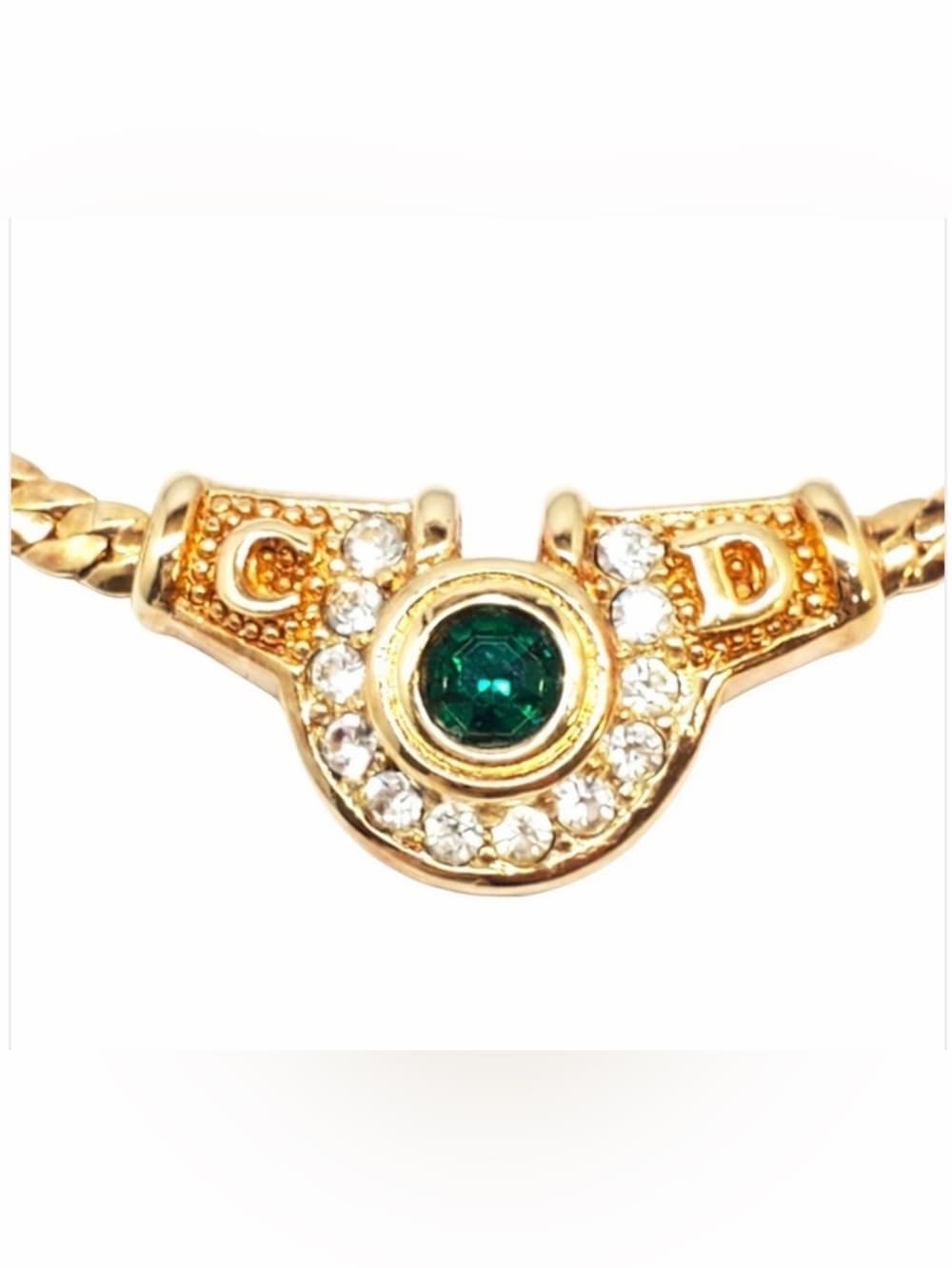 Christian DIOR Rhinestone Necklace Green Gold Plated Flat Herringbone Chain 17” - Thumbnail 2