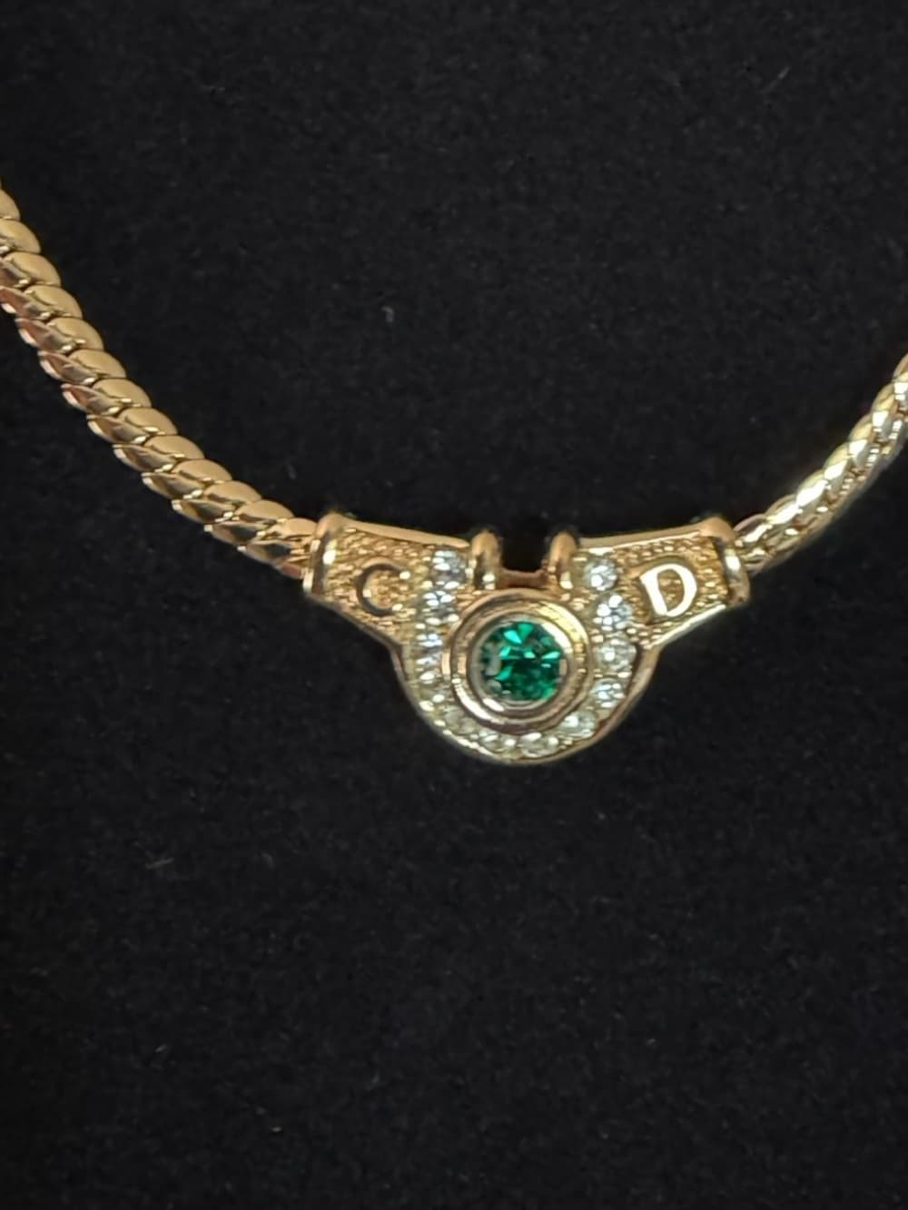 Christian DIOR Rhinestone Necklace Green Gold Plated Flat Herringbone Chain 17” - Thumbnail 5