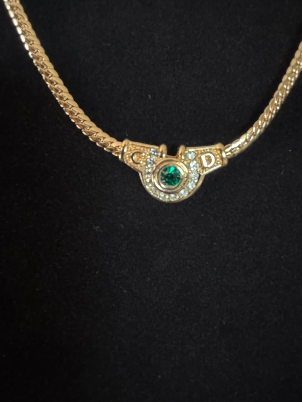 Christian DIOR Rhinestone Necklace Green Gold Plated Flat Herringbone Chain 17” - Thumbnail 6