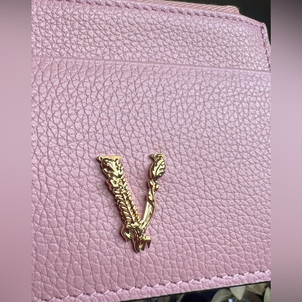 VERSACE Gold Metal Logo Virtus Calfskin Grain Pink Leather ID Card Coin Holder - Thumbnail 5
