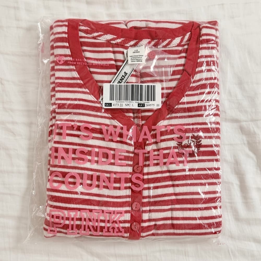 New PINK Victoria’s Secret Candy Cane Stripes Thermal Long Sleeve Onesie Large - Thumbnail 2