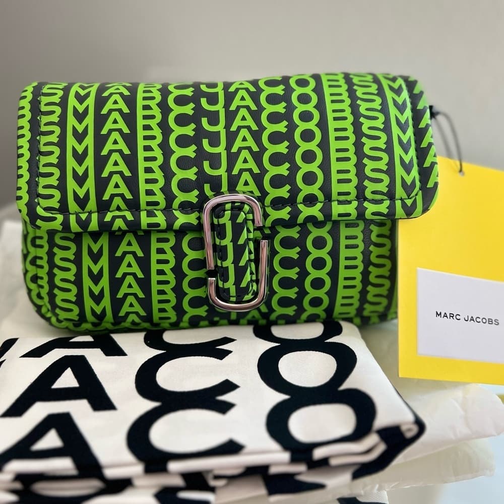 NEW MARC JACOBS Logo Monogram Leather Chain Strap Crossbody Dark Grey Green - Thumbnail 4