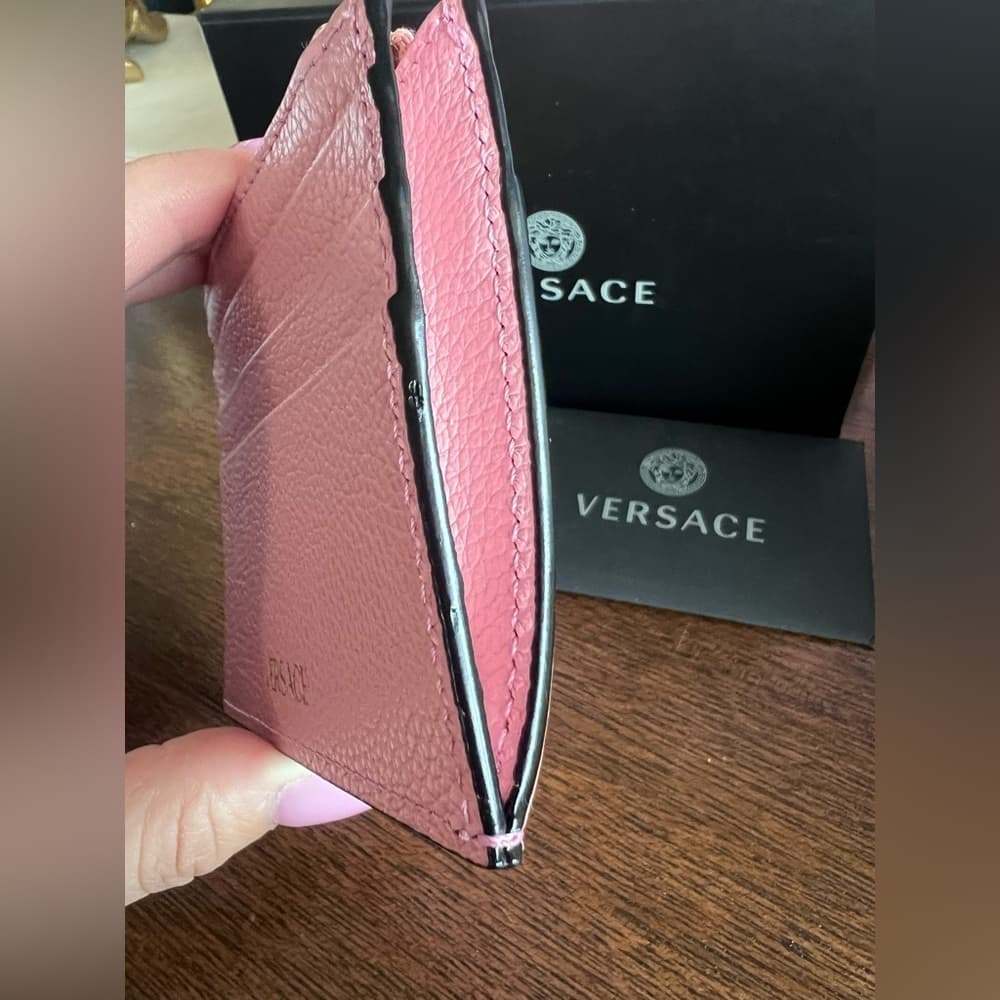 VERSACE Gold Metal Logo Virtus Calfskin Grain Pink Leather ID Card Coin Holder - Thumbnail 9